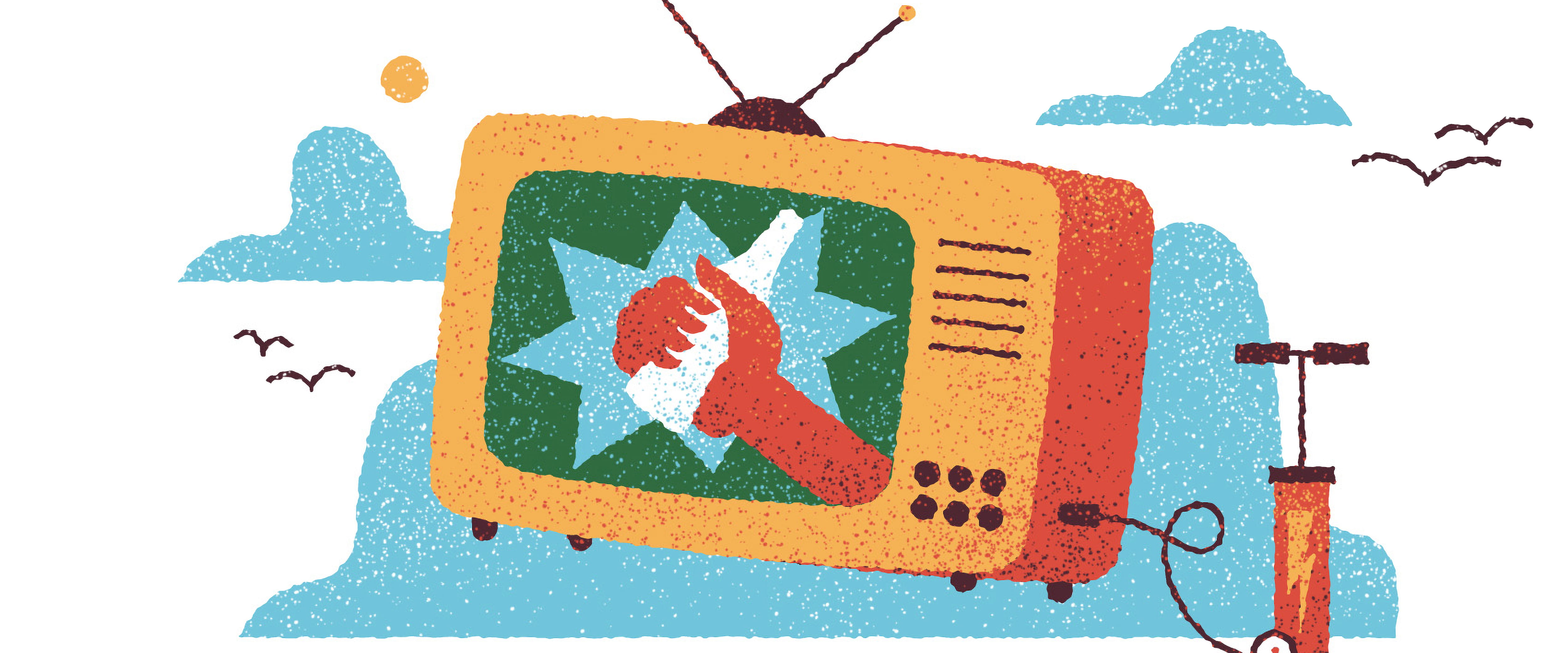 Illustration of tv showing advertisement for soda, being inflated by air pump