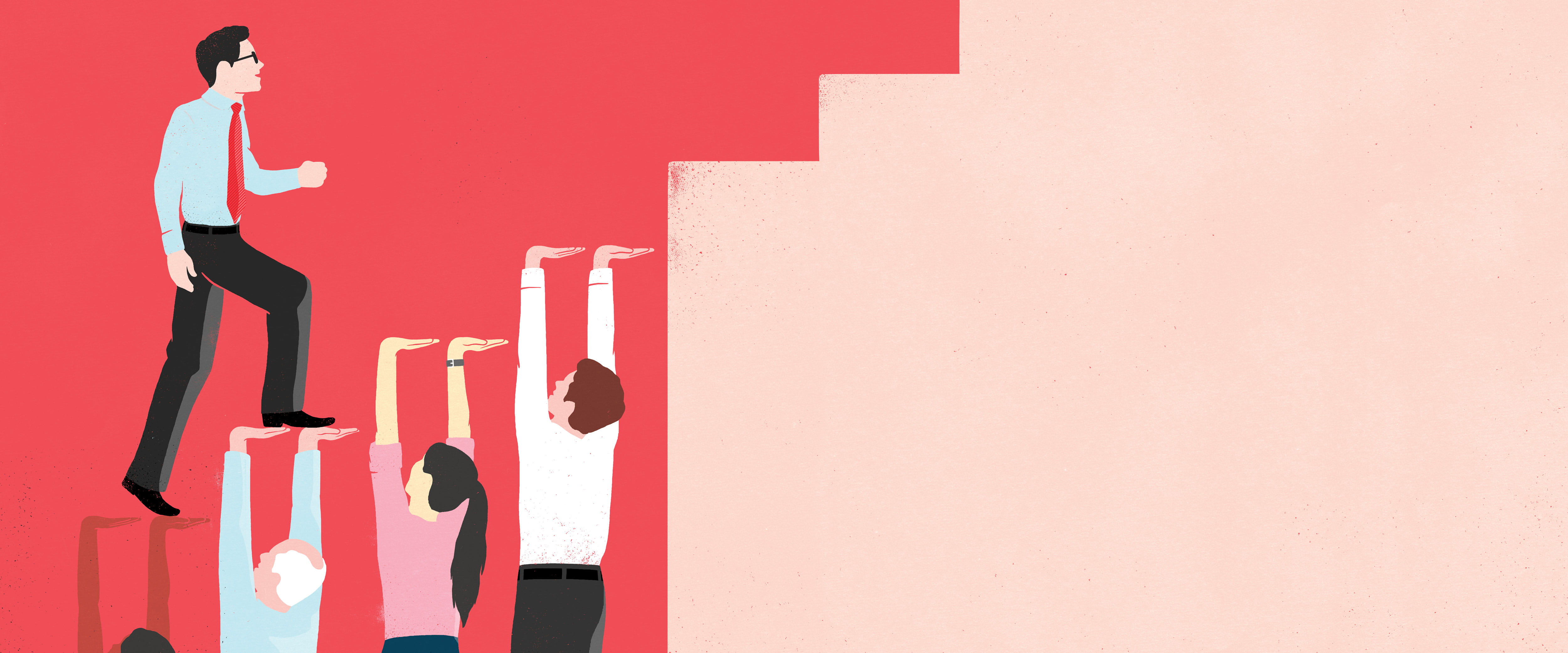 Illustration of a group of people helping a man to climb a staircase by holding their hands up like steps, allowing him to walk up and reach the stairs