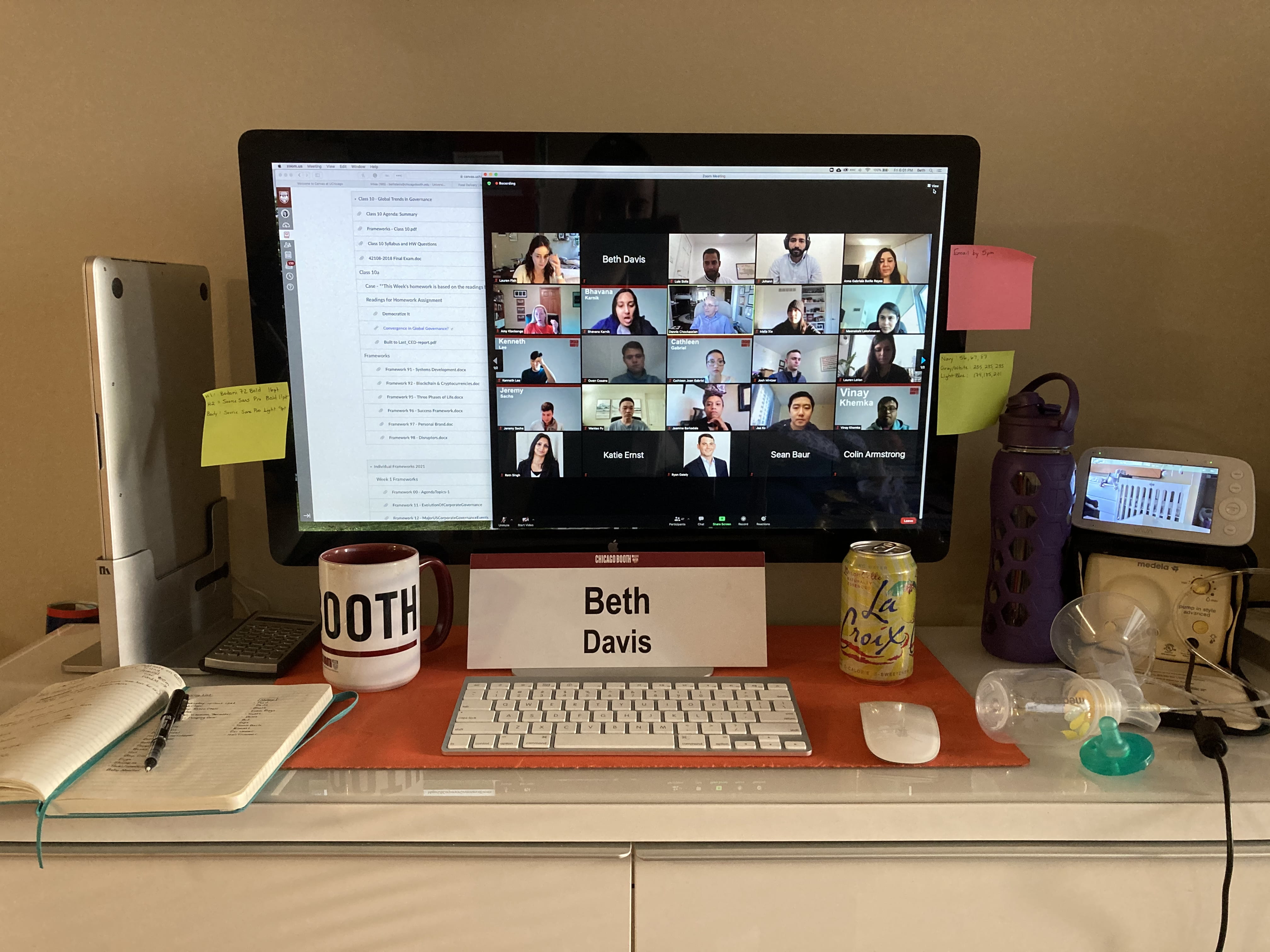 Chicago Booth Weekend MBA student Beth Davis's computer, nametag and pump