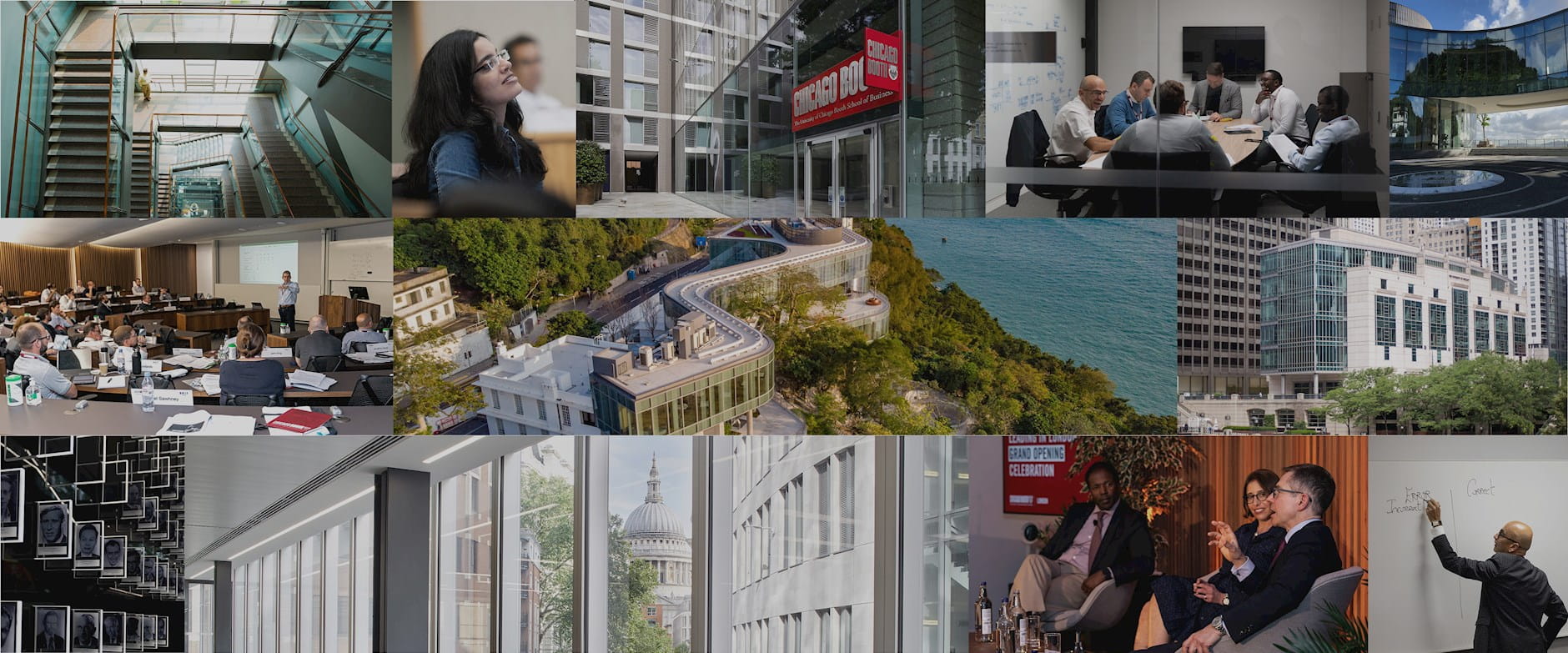 Collection of photos representing Booth's Global Campuses
