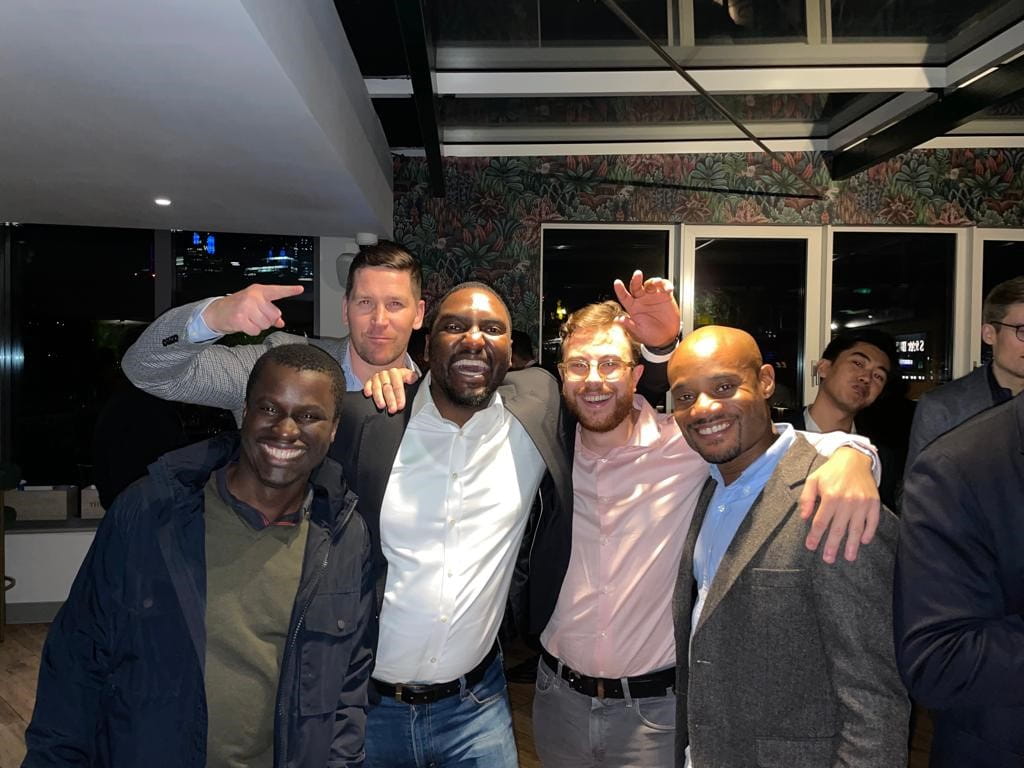A group of male EMBA students at Chicago Booth Kick-Off Week  