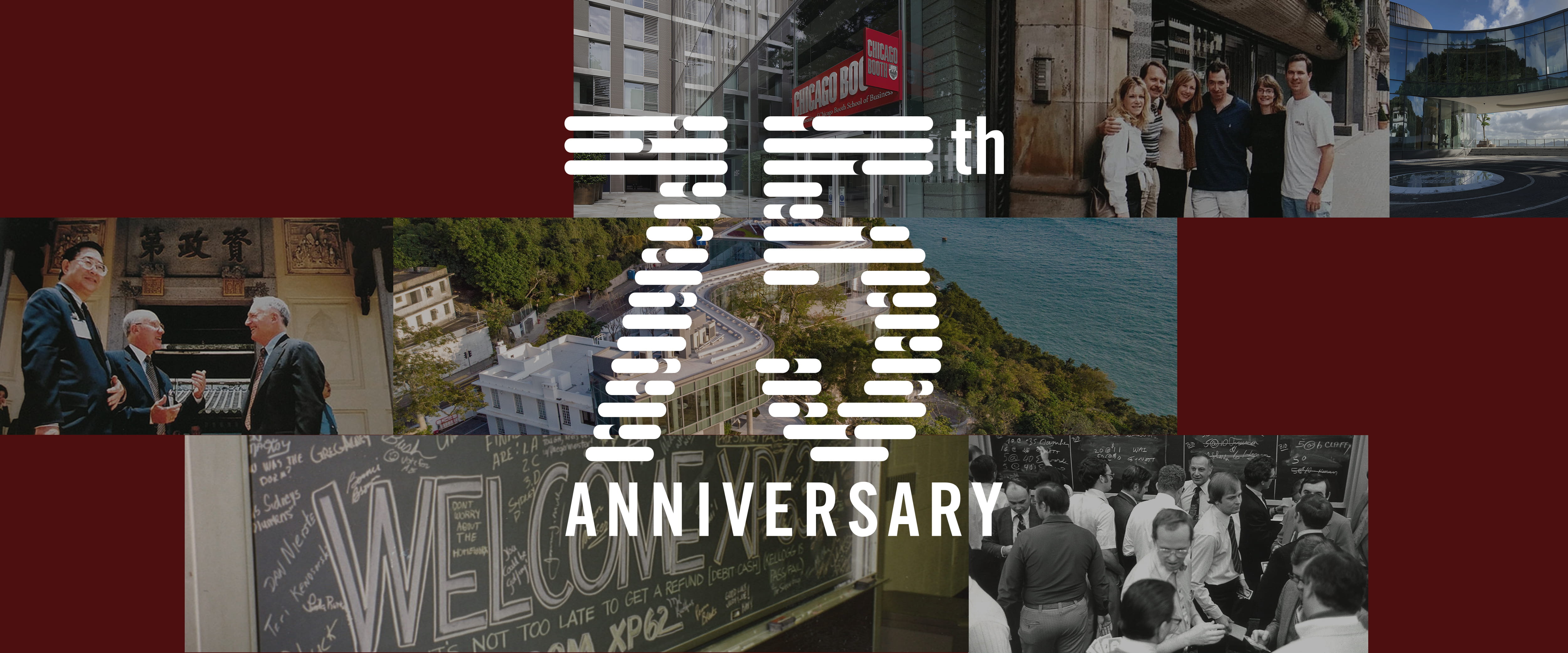 Collage of images celebrating the 75th anniversary of EMBA at Chicago Booth