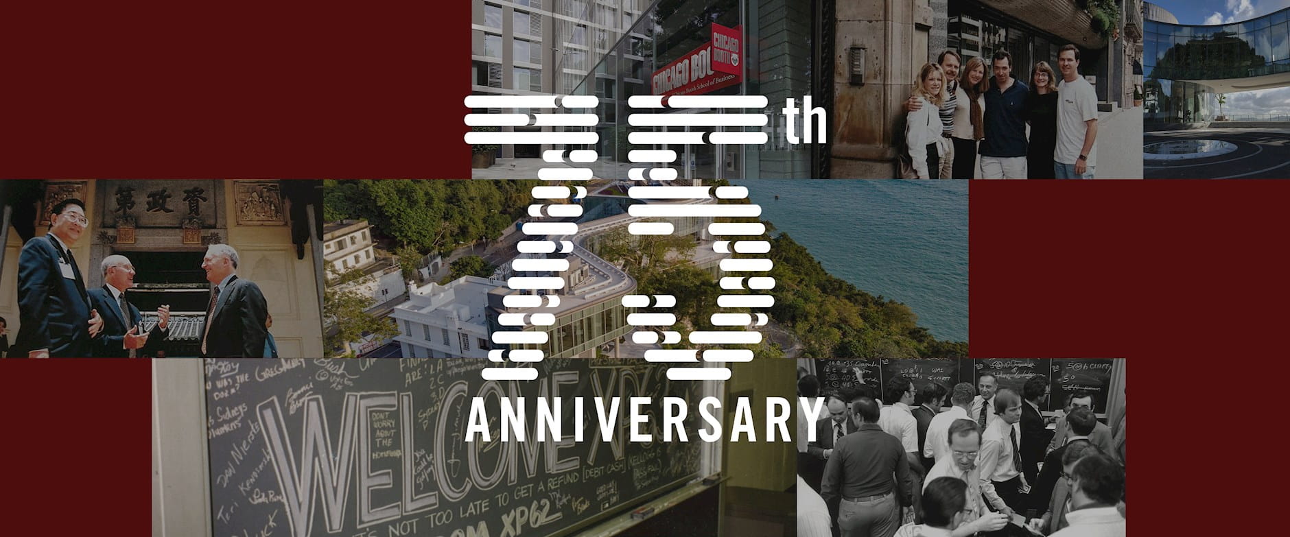 Collage of images celebrating the 75th anniversary of EMBA at Chicago Booth