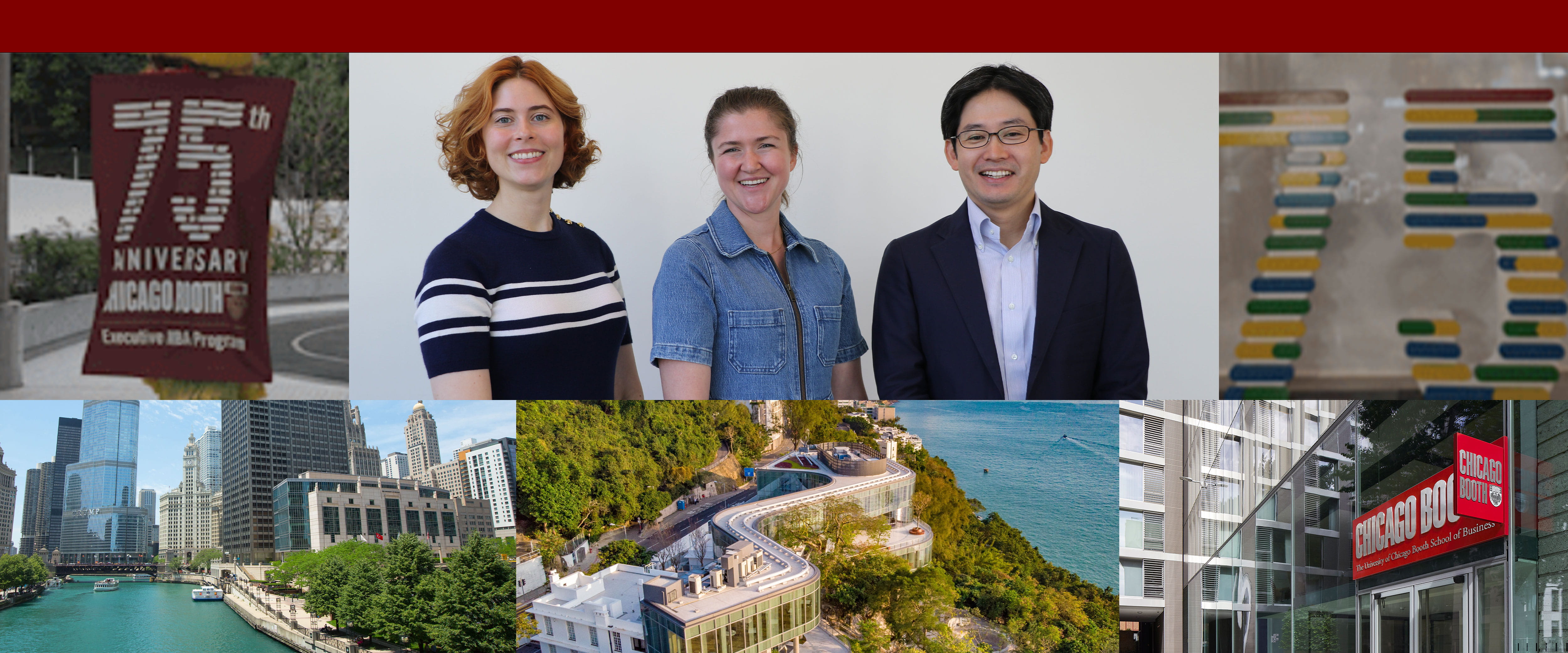 Collage including two women and a man looking at the camera, the Chicago River, the Chicago Booth campus