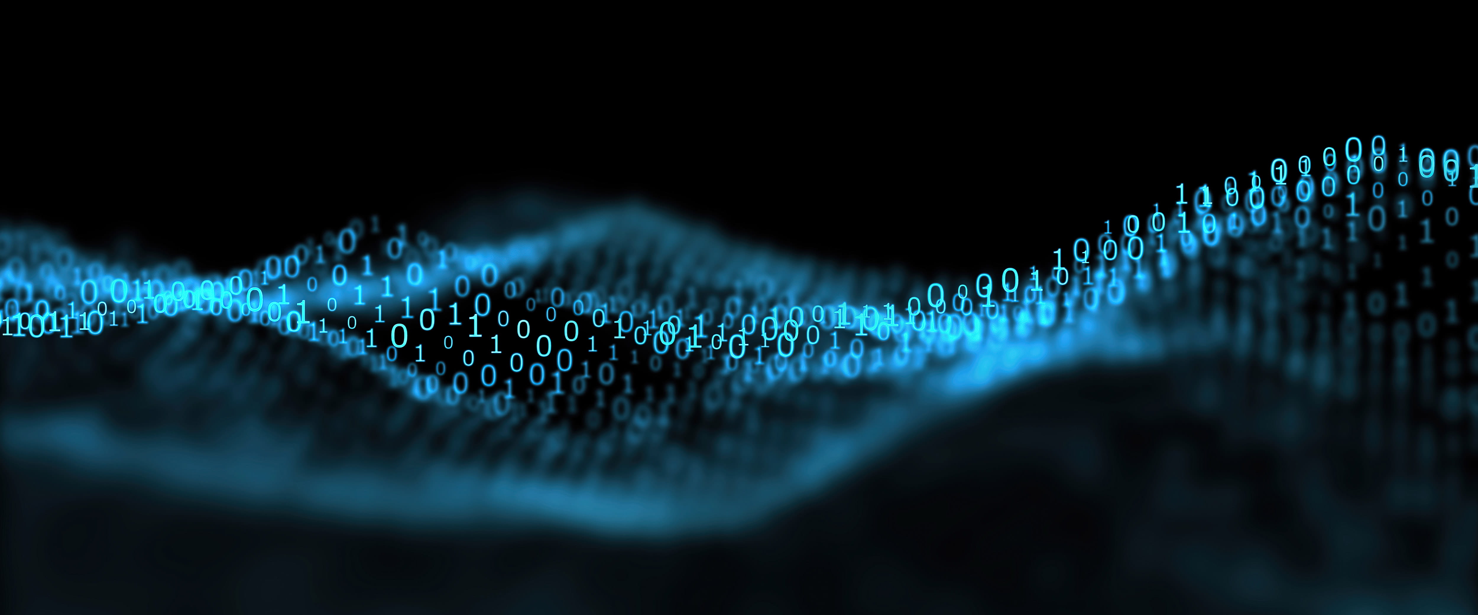 A blue binary wave of ones and zeros on a black background