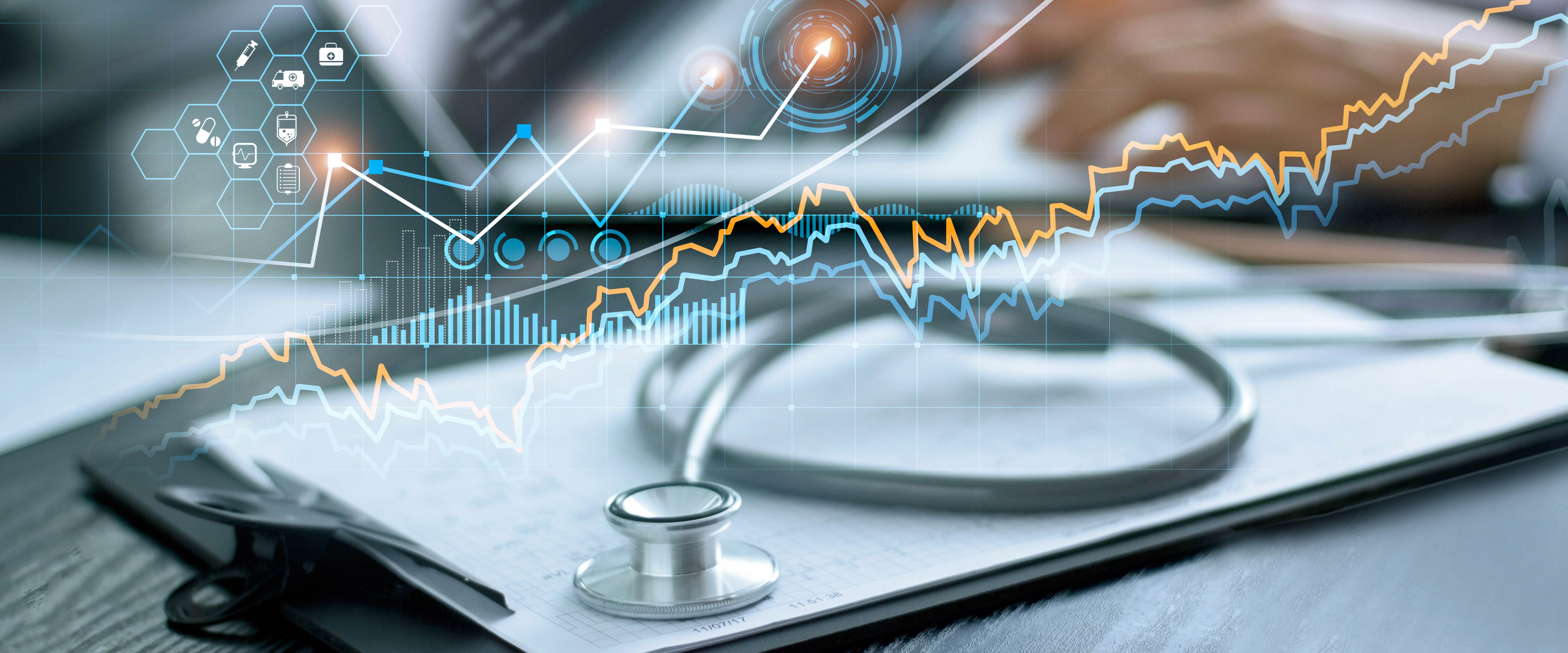 A doctor's cliboard and stethoscope with various financial graphs overlayed