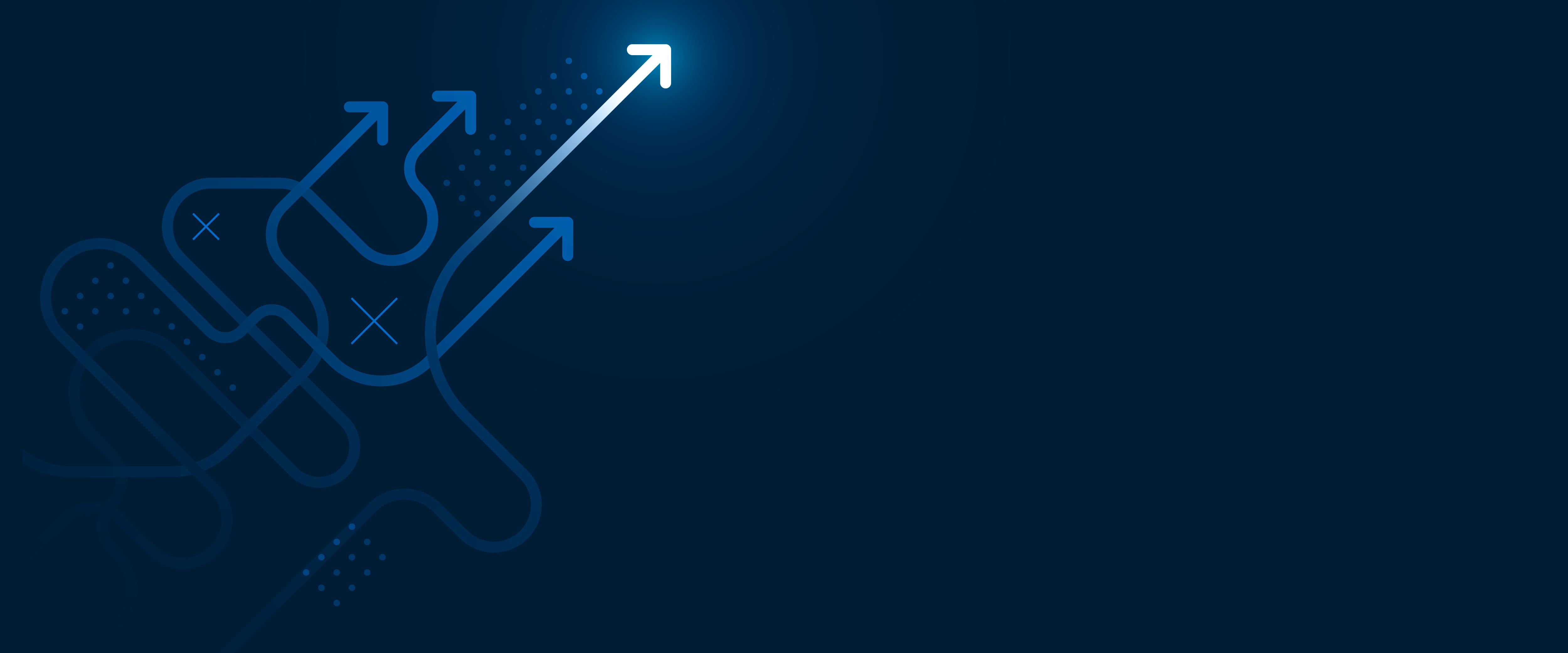 Illustrated arrow twisting towards the top right on a blue background