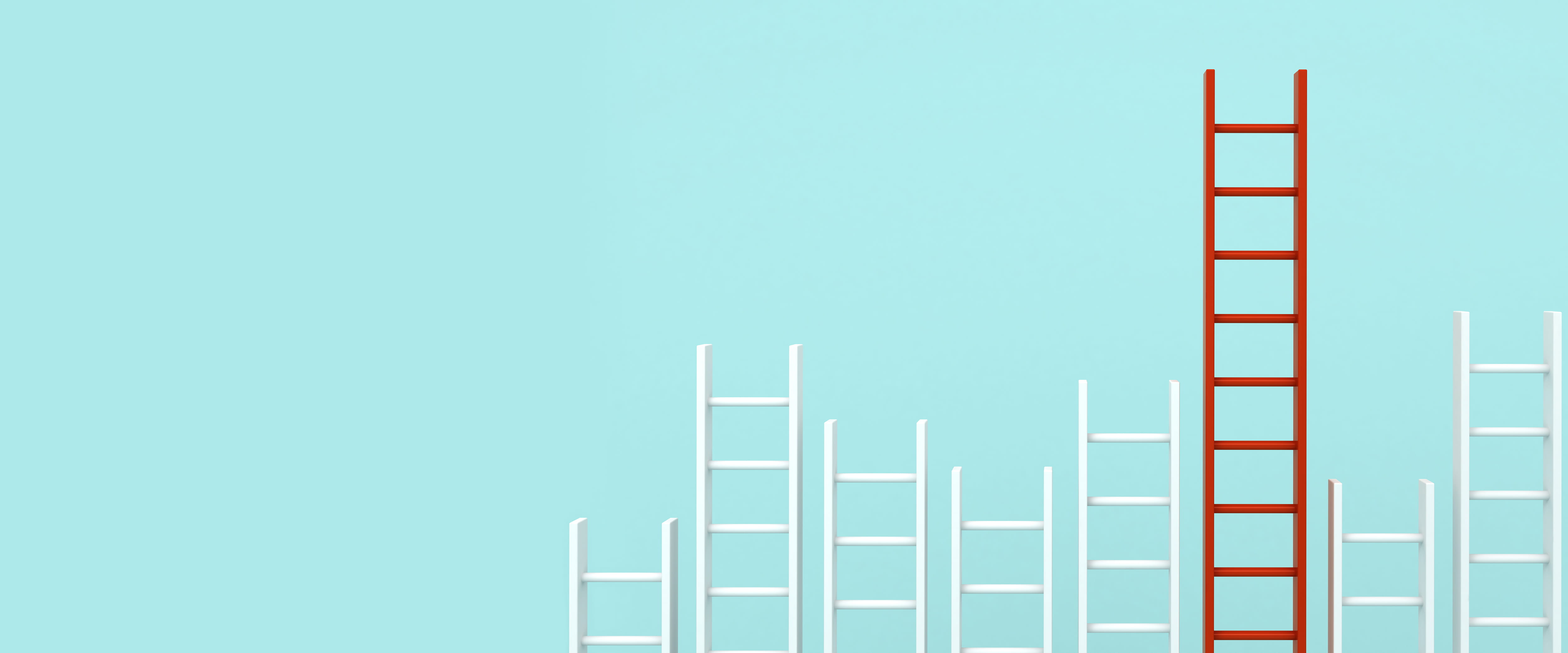 A few white ladders with one red one rising above the rest