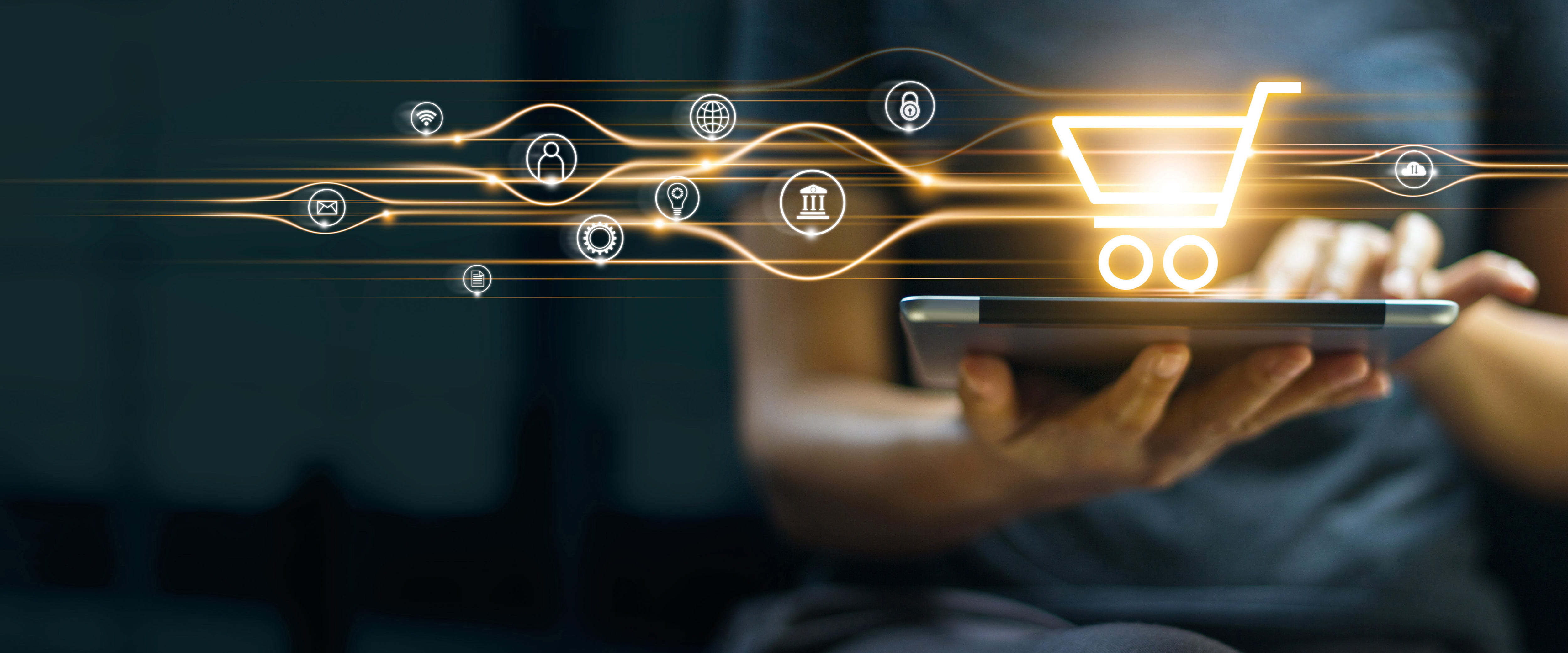 Someone using a tablet to order something online with highlighted illustrations representing that process