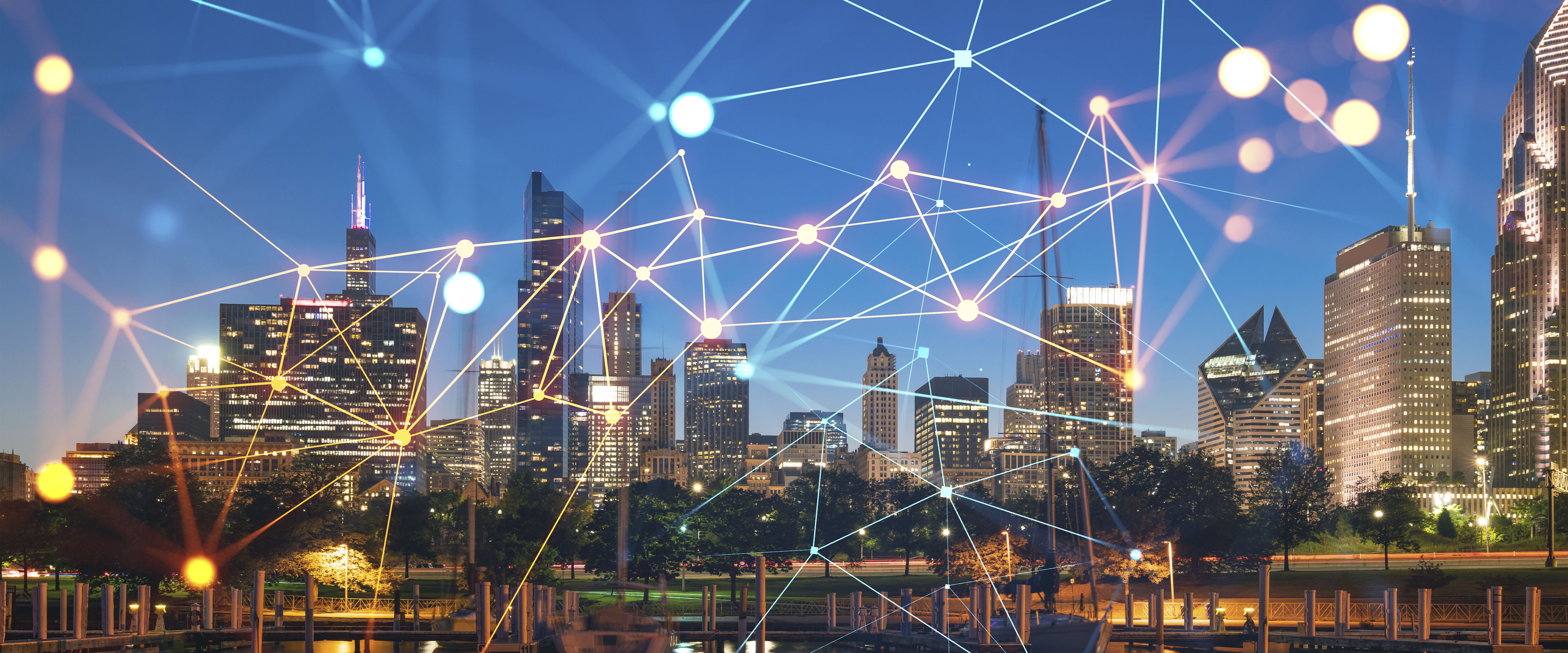 Chicago skyline with data points illustrated over it 