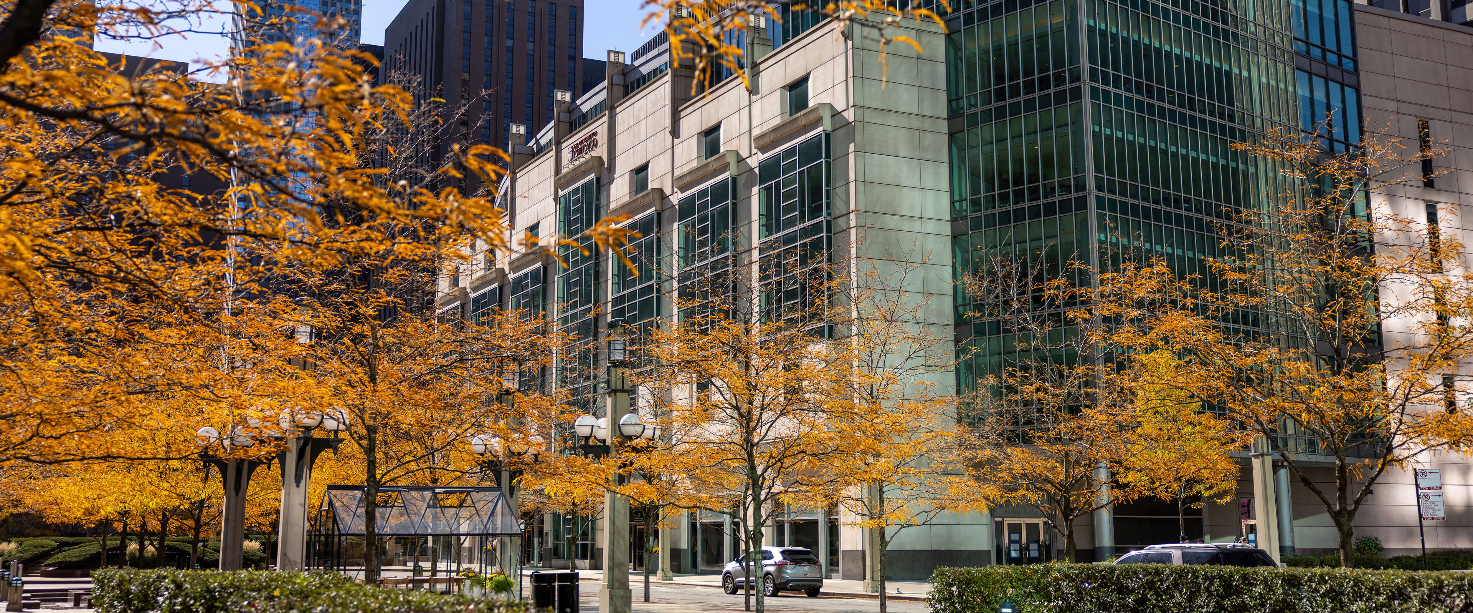 Picture of the Gleacher Center in the fall season.