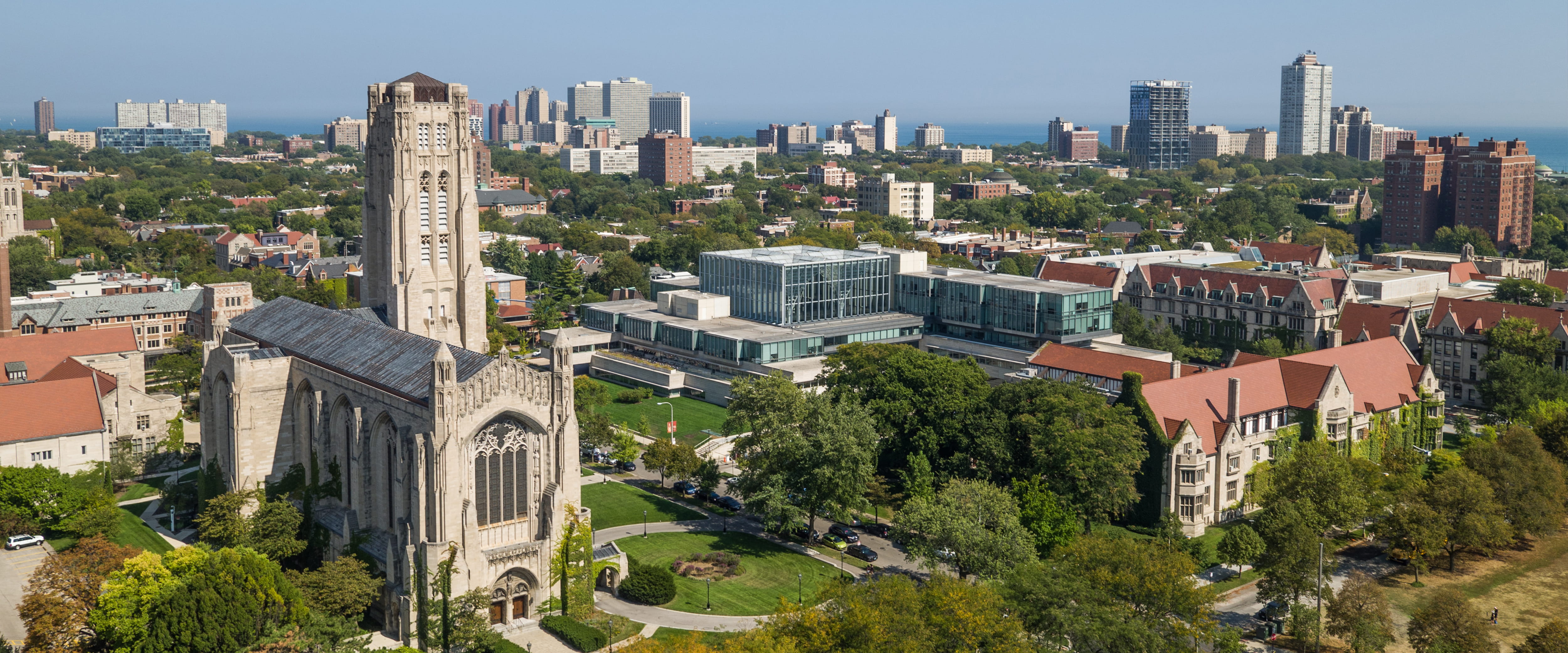Drone shot of the UChicago campus. 