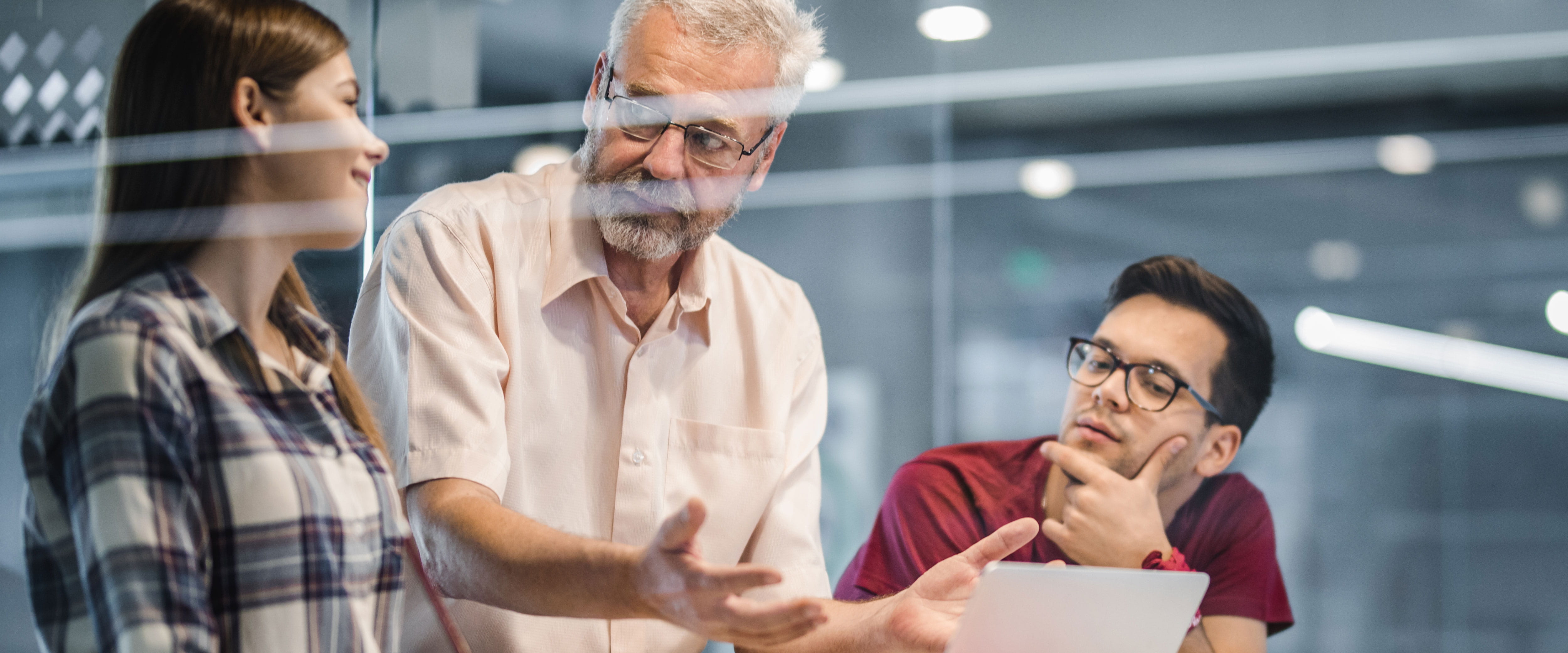  A professor and students having a conversation.