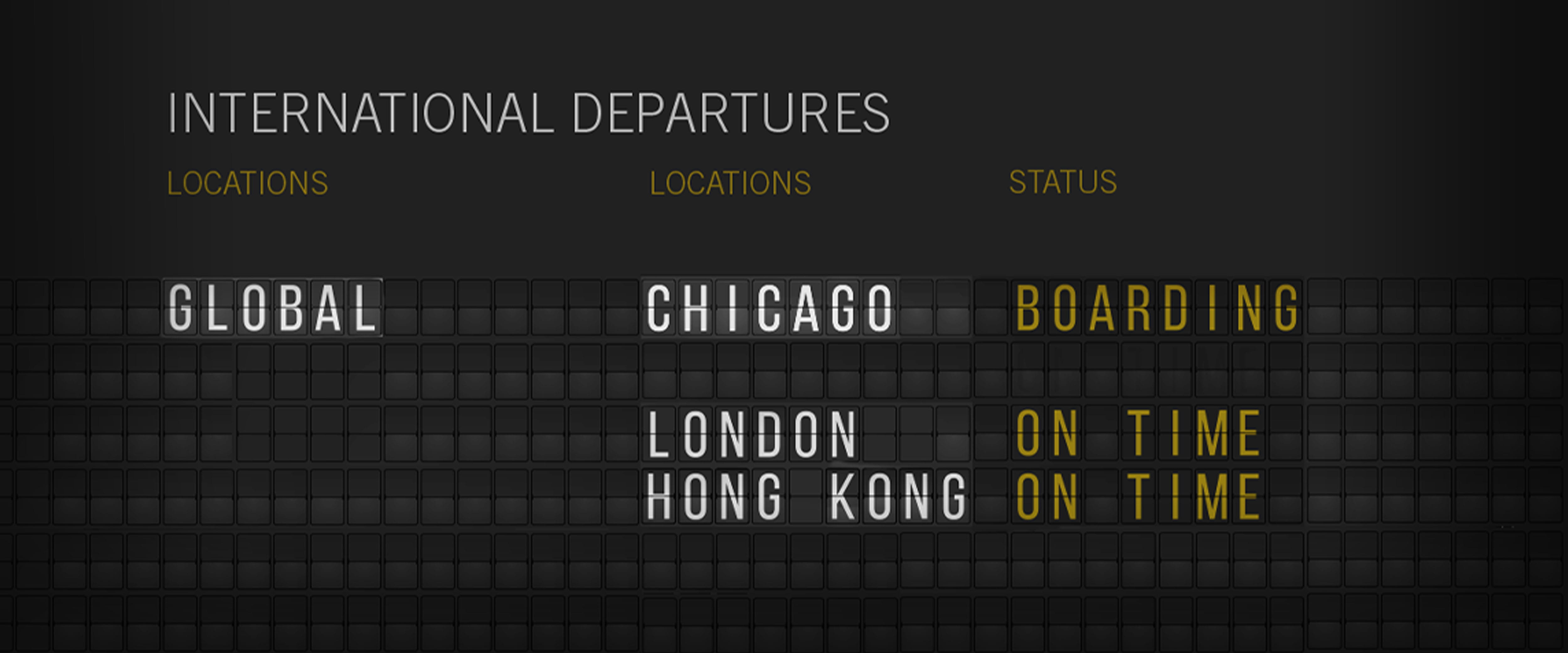 An old time flight board showing Chicago, London, and Hong Kong