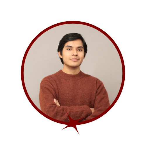 Picture of dark-haired man wearing a burnt orange sweater standing in front of a grey background. 