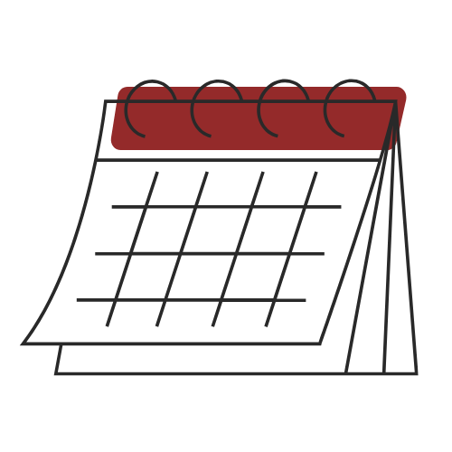 Red, black, and white calendar icon with lines intersecting in the middle to suggest calendar lines