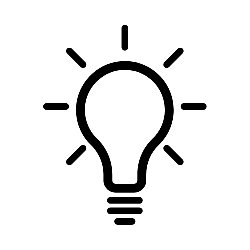 Black lightbulb icon with lines extending outward to convey radiance