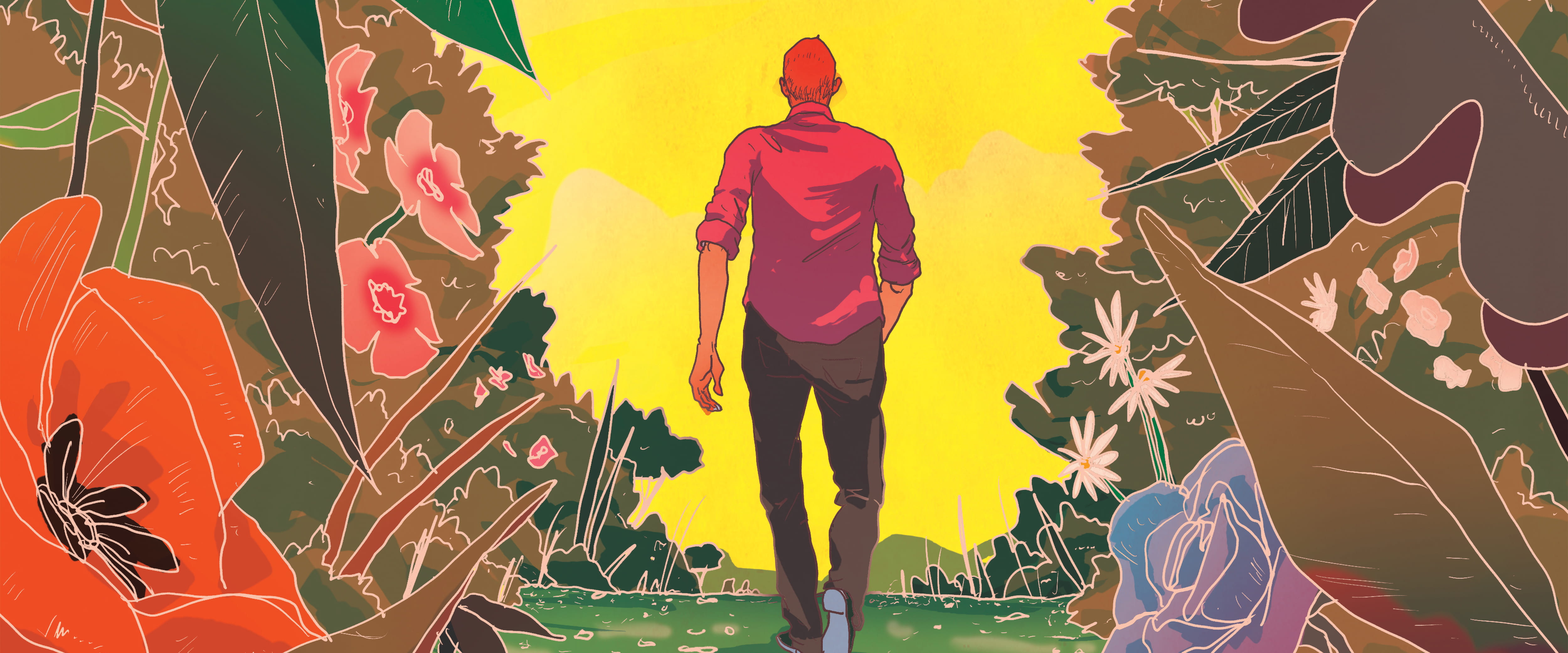 Illustration of man walking away between oversized, lush, exotic plants.