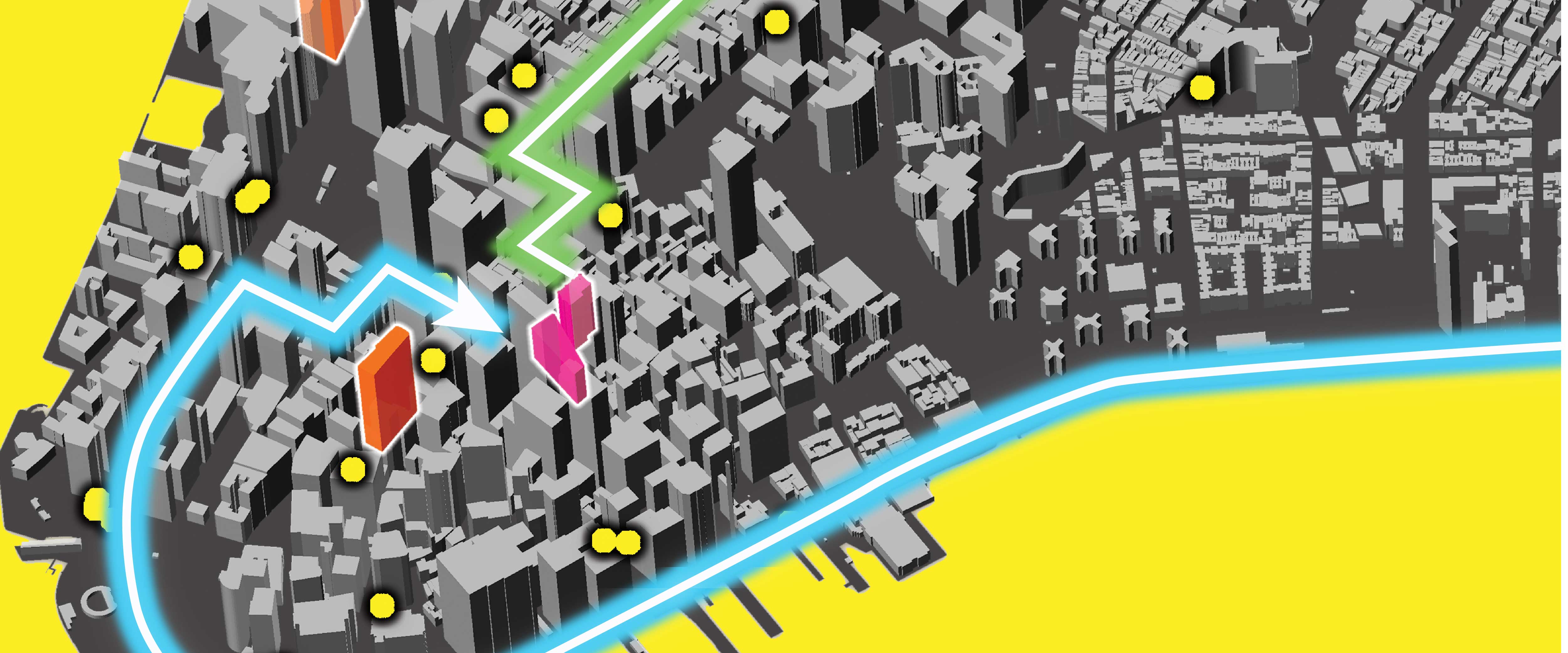 Simplistic graphic of a computer joystick pointing up on left side, and pixel character on a stair machine on the right separated by three colorful dots.