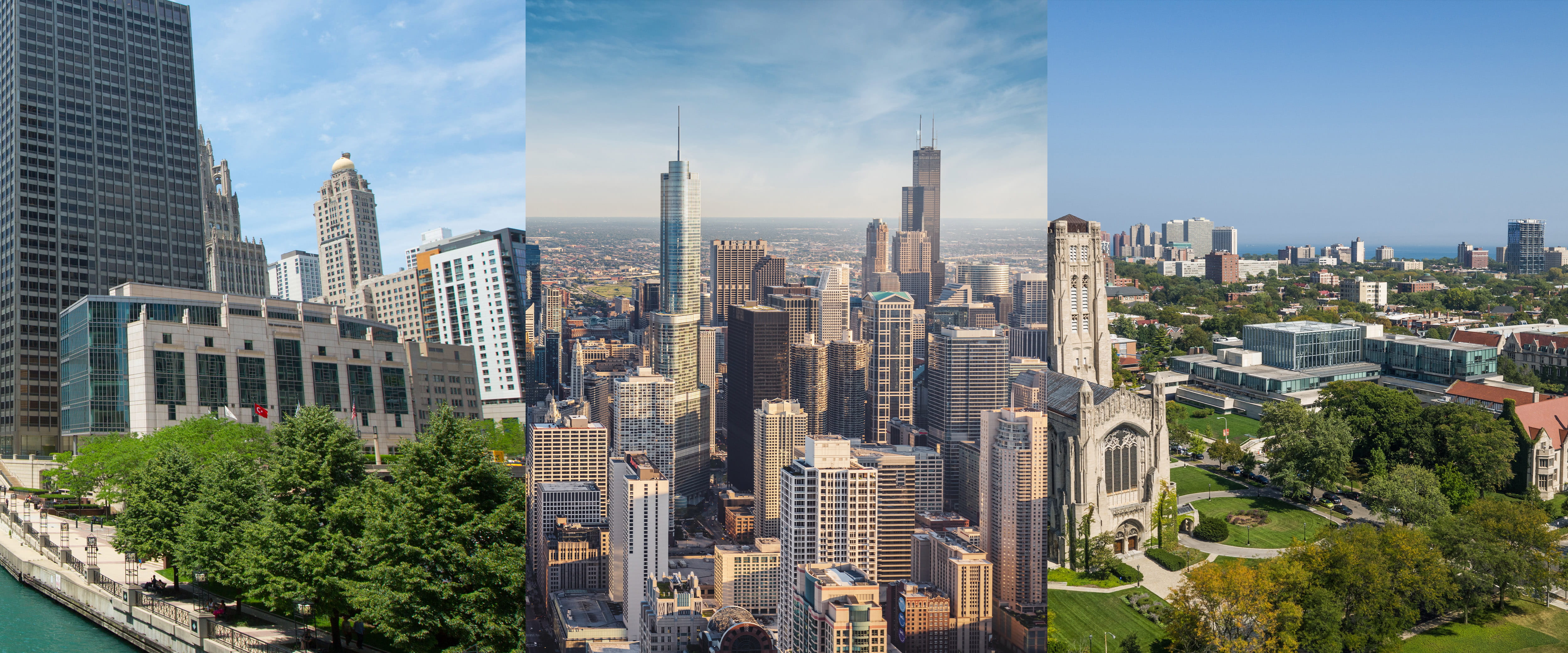 Image of Gleacher Center(left), Chicago(center), and Hyde Park(right).
