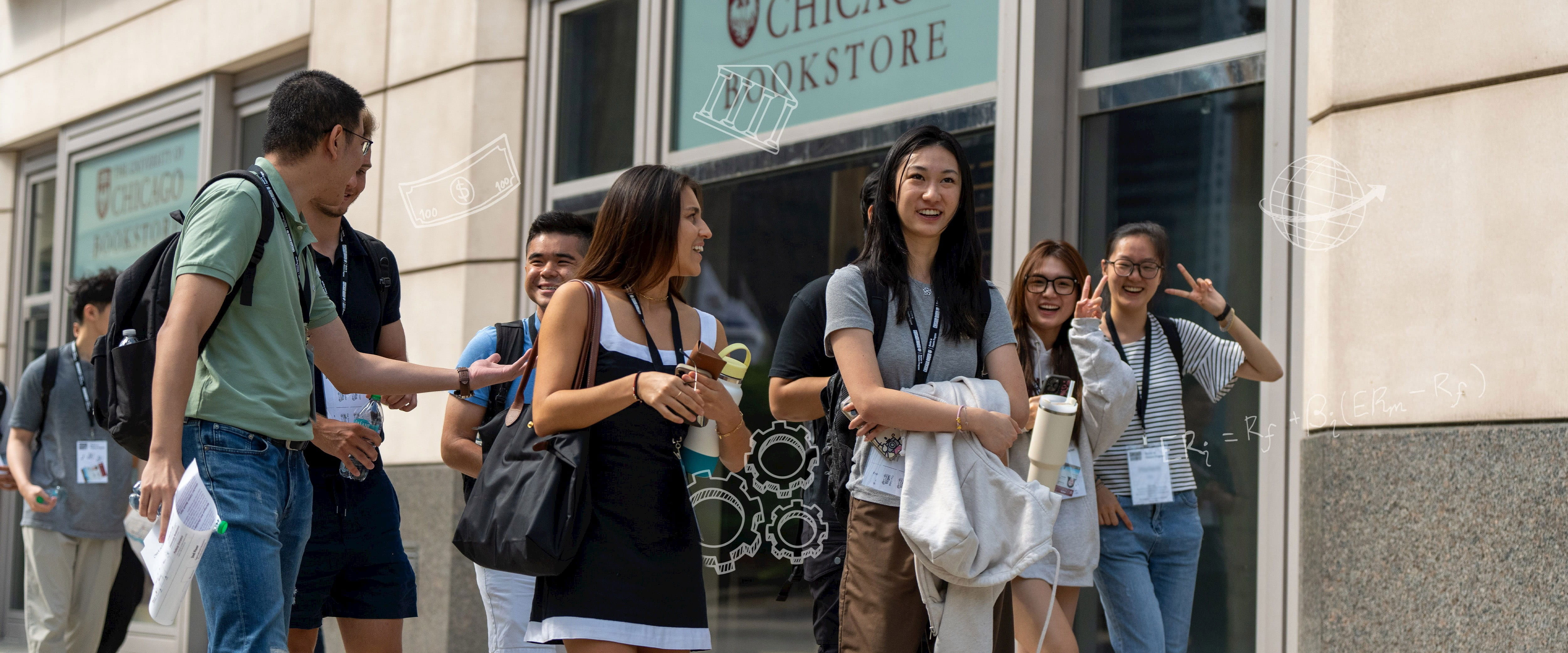 Student smiling while talking with other students.