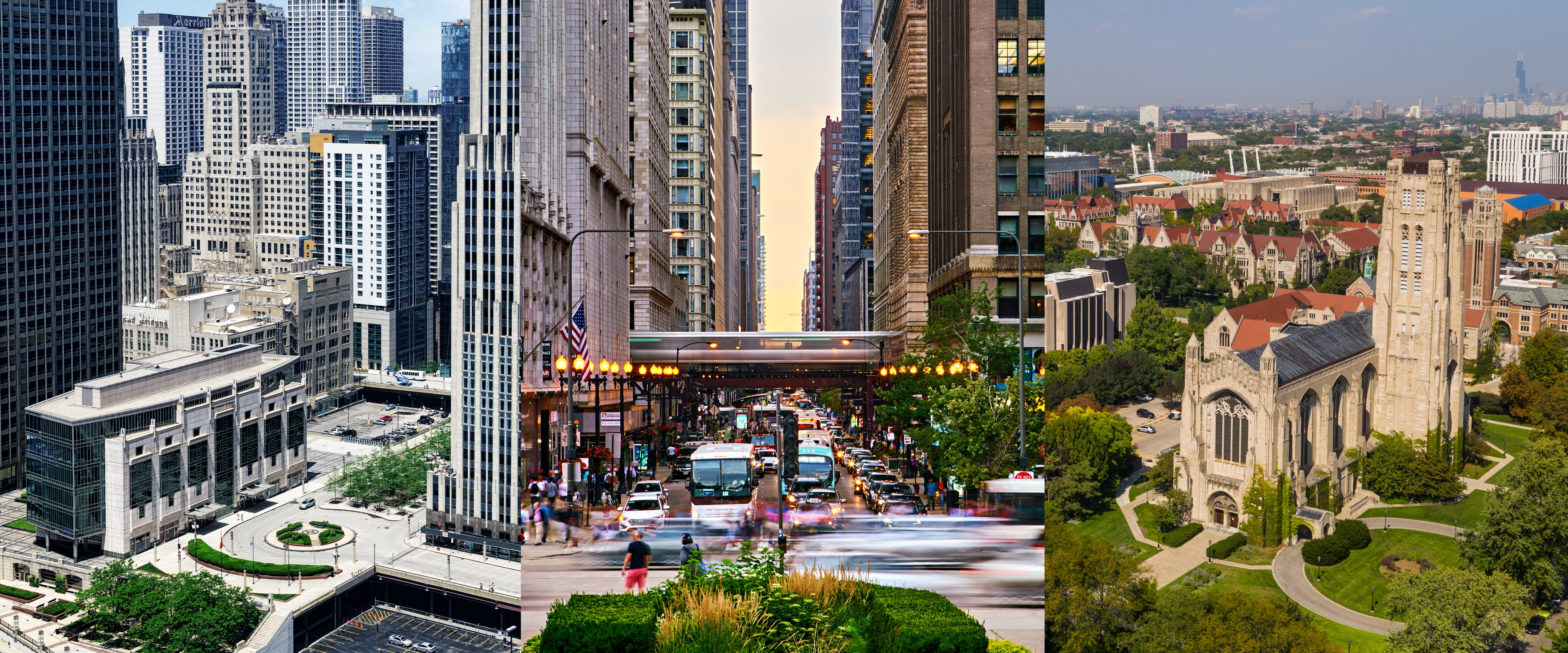 Image of Gleacher Center(left), Chicago(center), and Hyde Park(left).