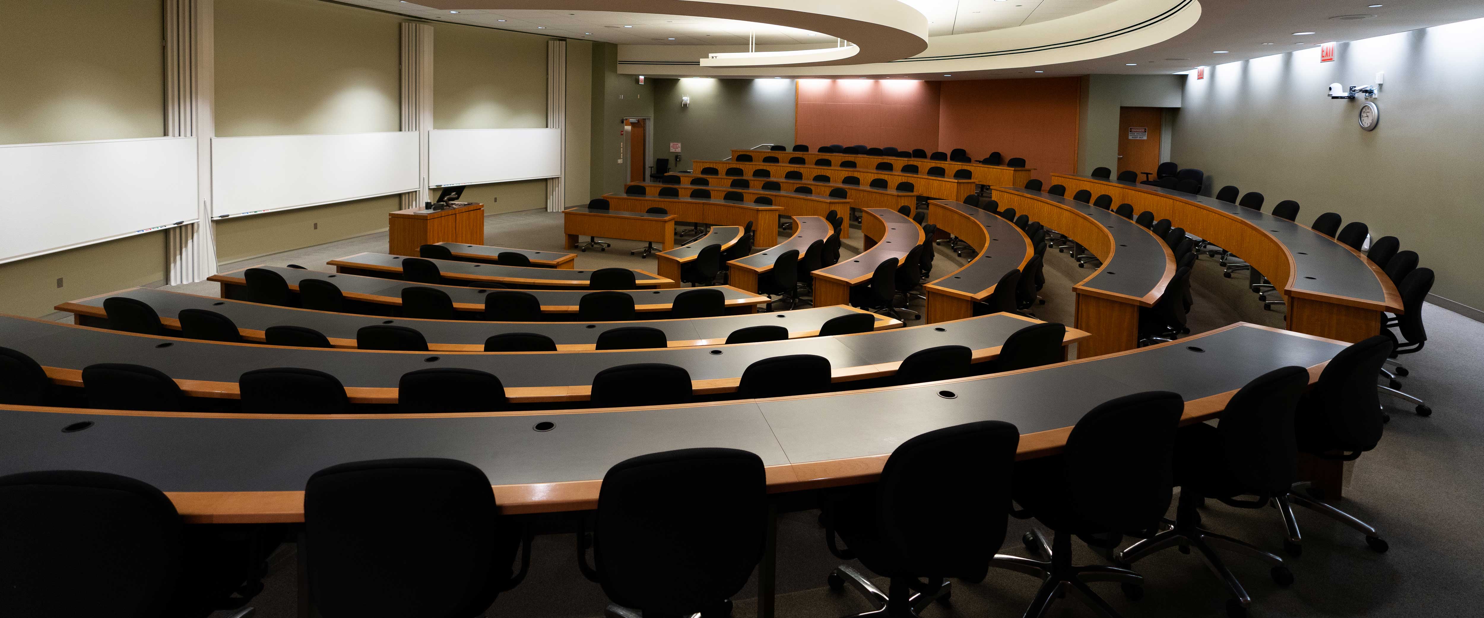 A view of an empty classroom at the Harper Center