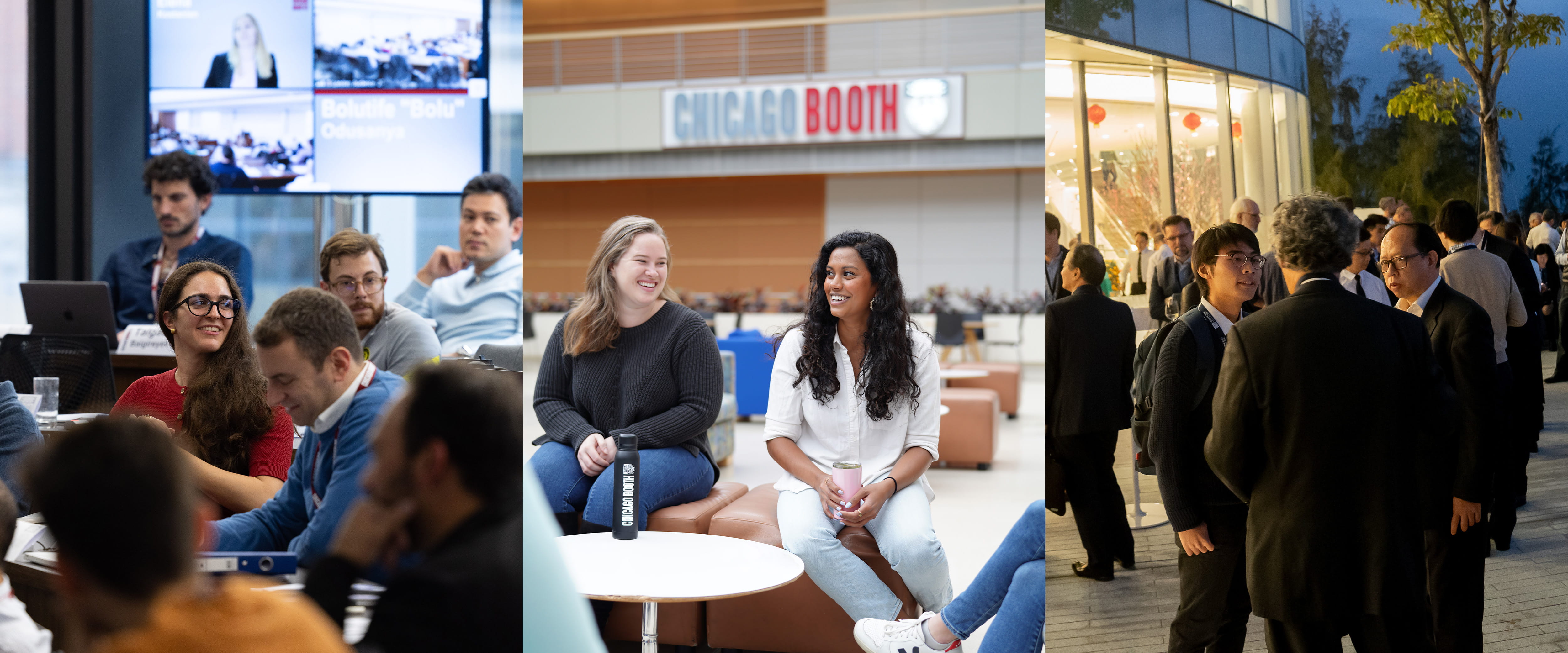 left: students smiling in classroom at the London campus, center: two students socializing in the winter garden, right:big group of alumni and students at an event at the Hong Kong Campus
