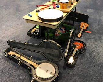 A table filled with musical instruments