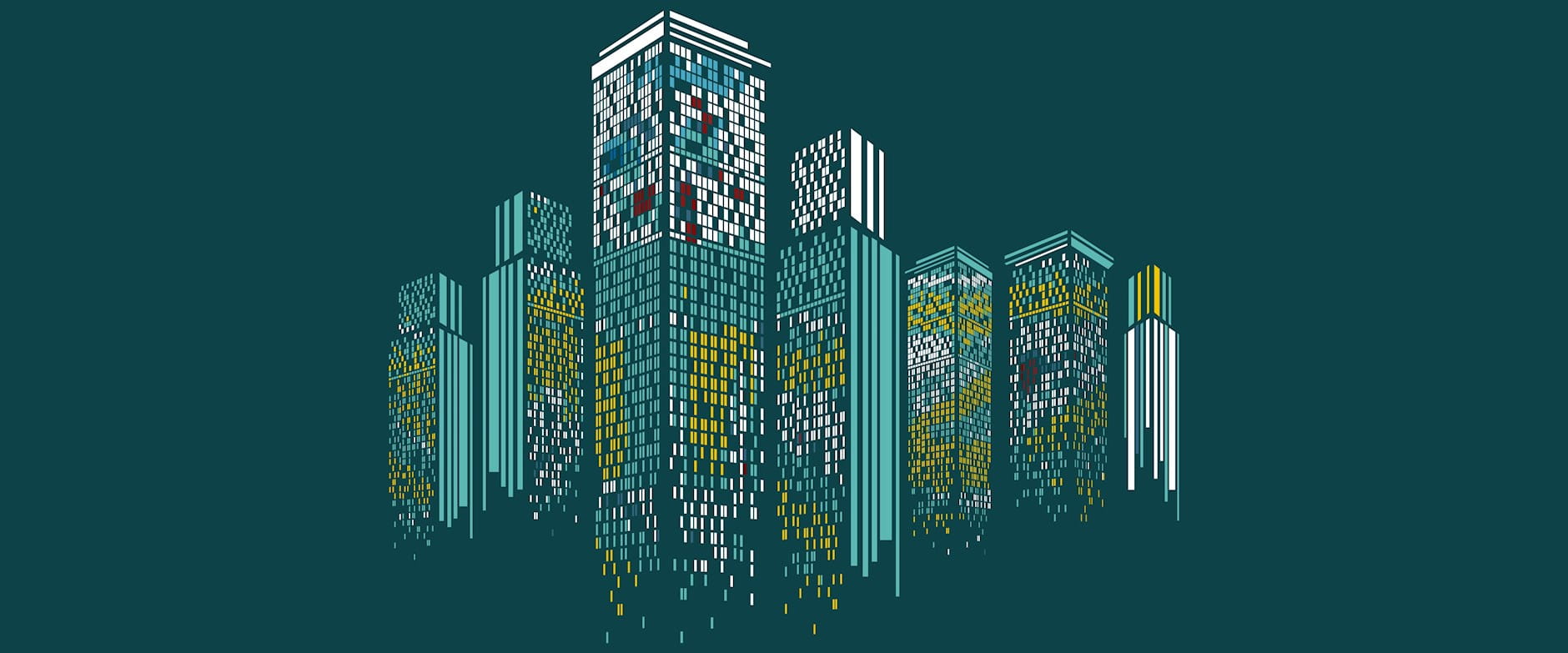 Illustration of skyscrapers with their lights on rising from the bottom