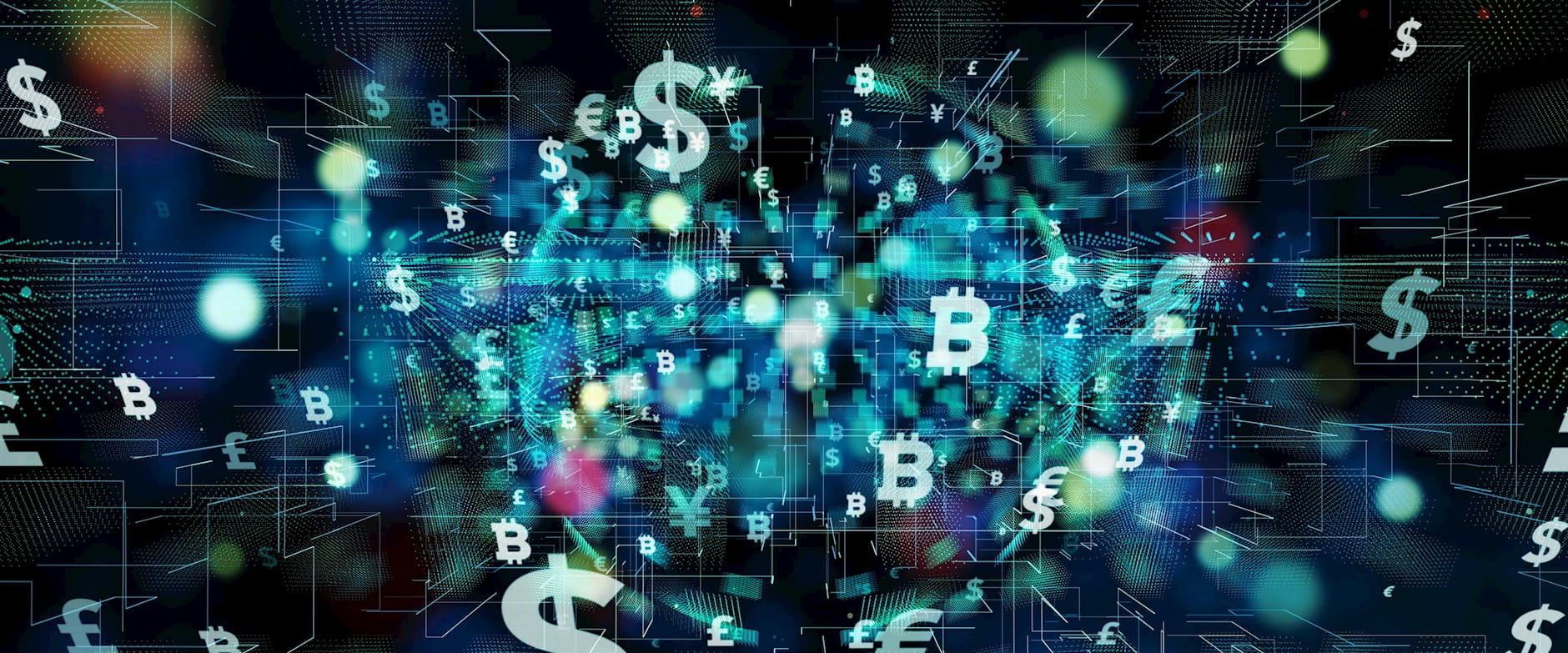 Digital screen of a globe, bitcoin and financial symbols
