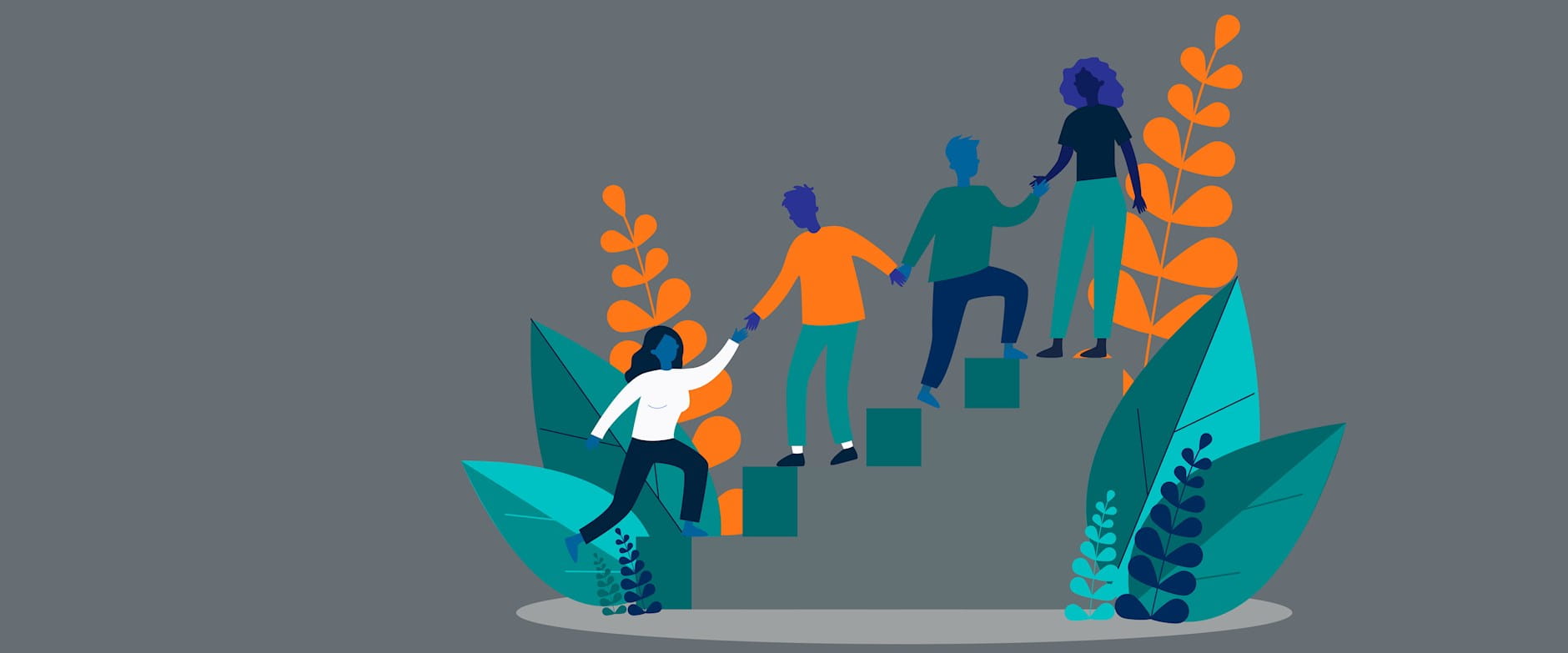 Illustration of people helping each other up steps