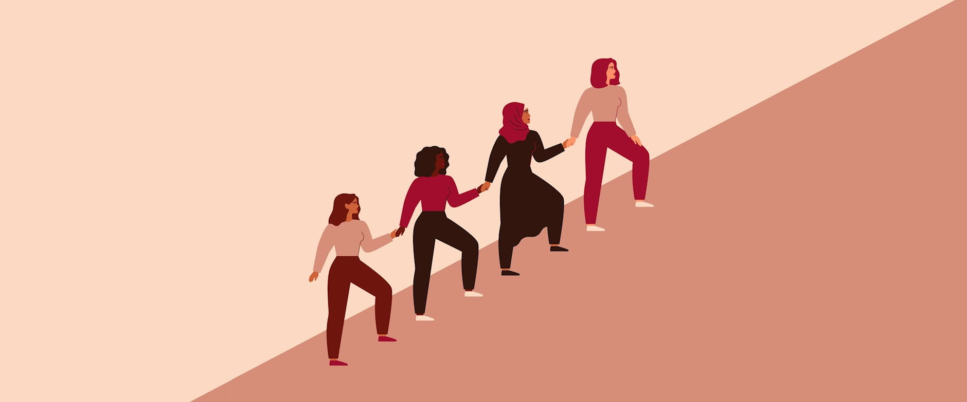 Illustration of 4 women holding hands climbing a hill