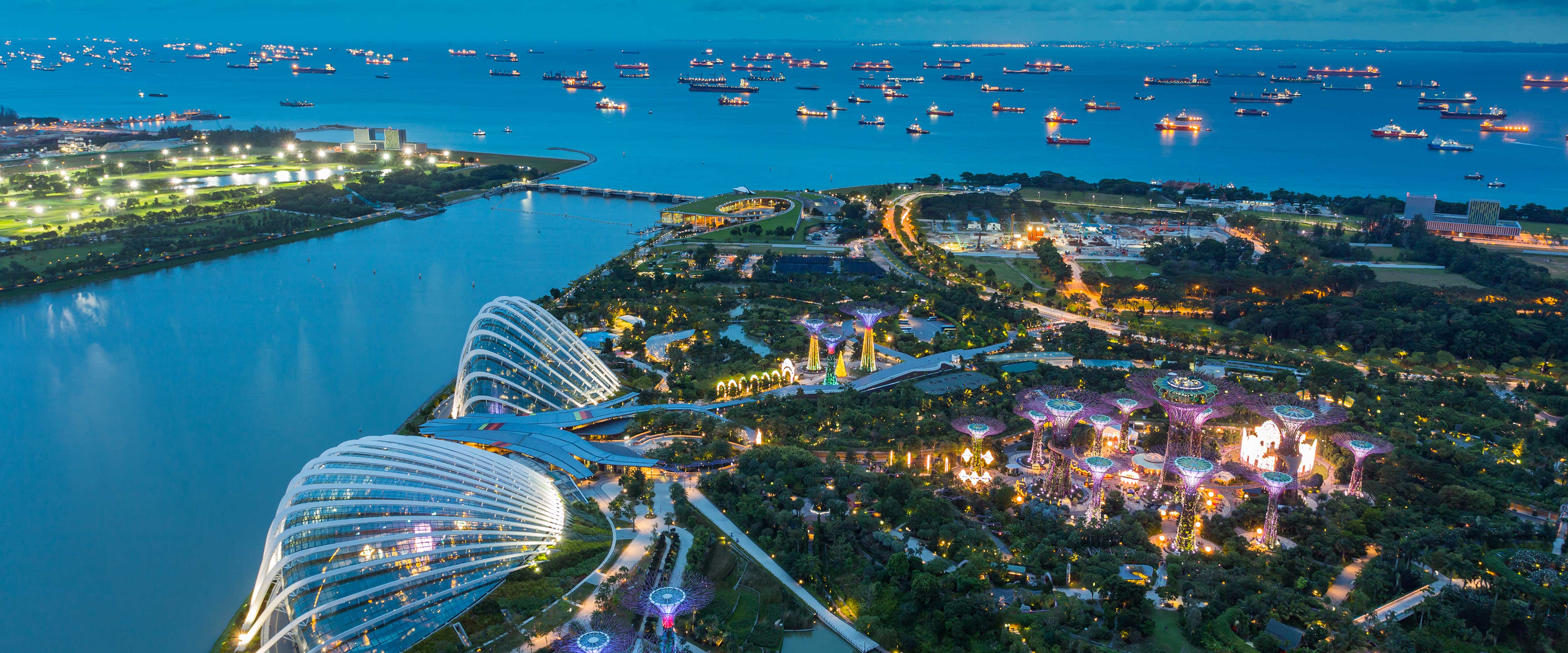 Singapore skyline lit up looking towards the water at dusk