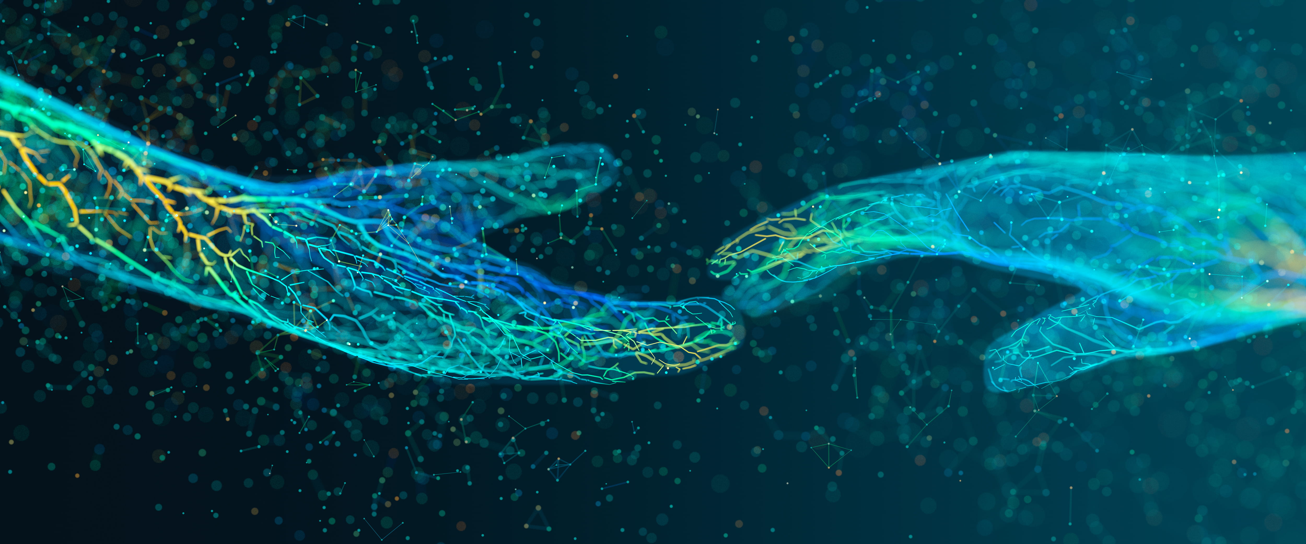 Blue-green, digital hands reaching out to make a connection