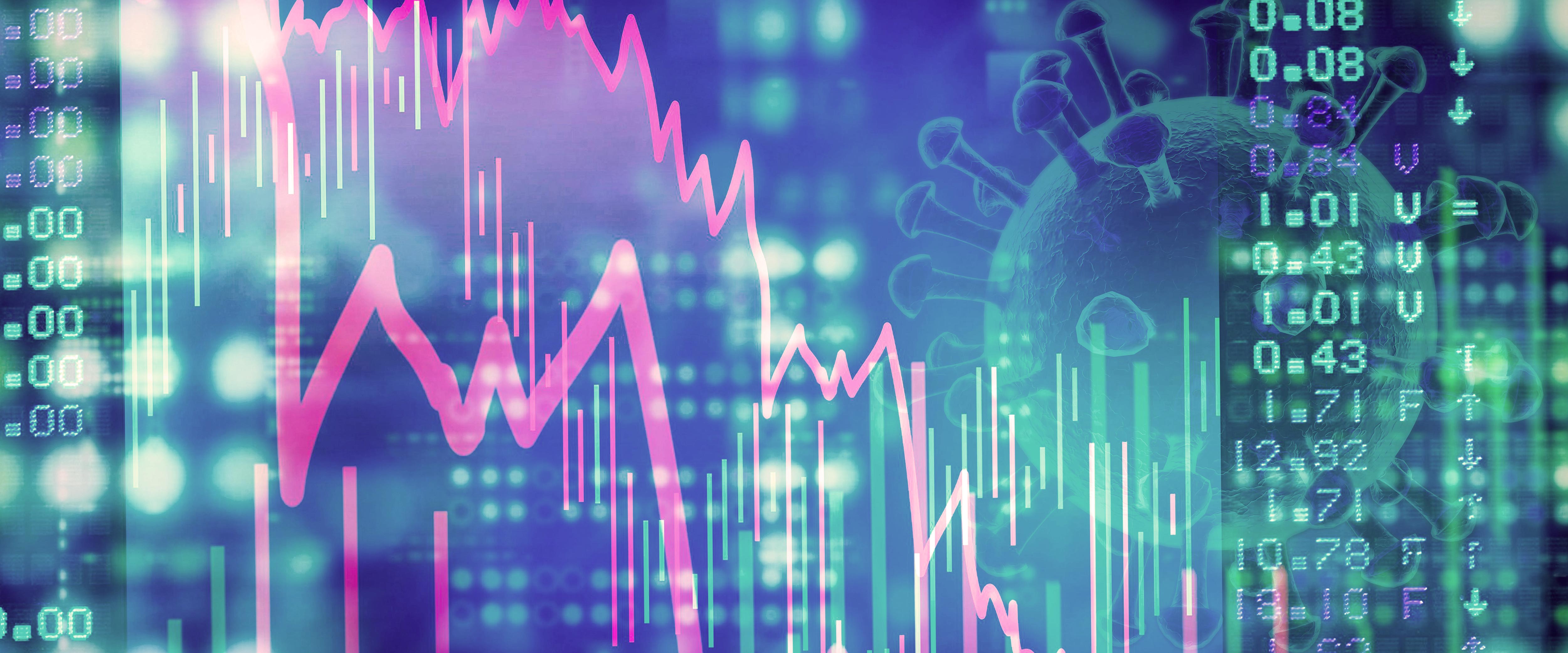 Financial charts with a Coronavirus representation overlayed