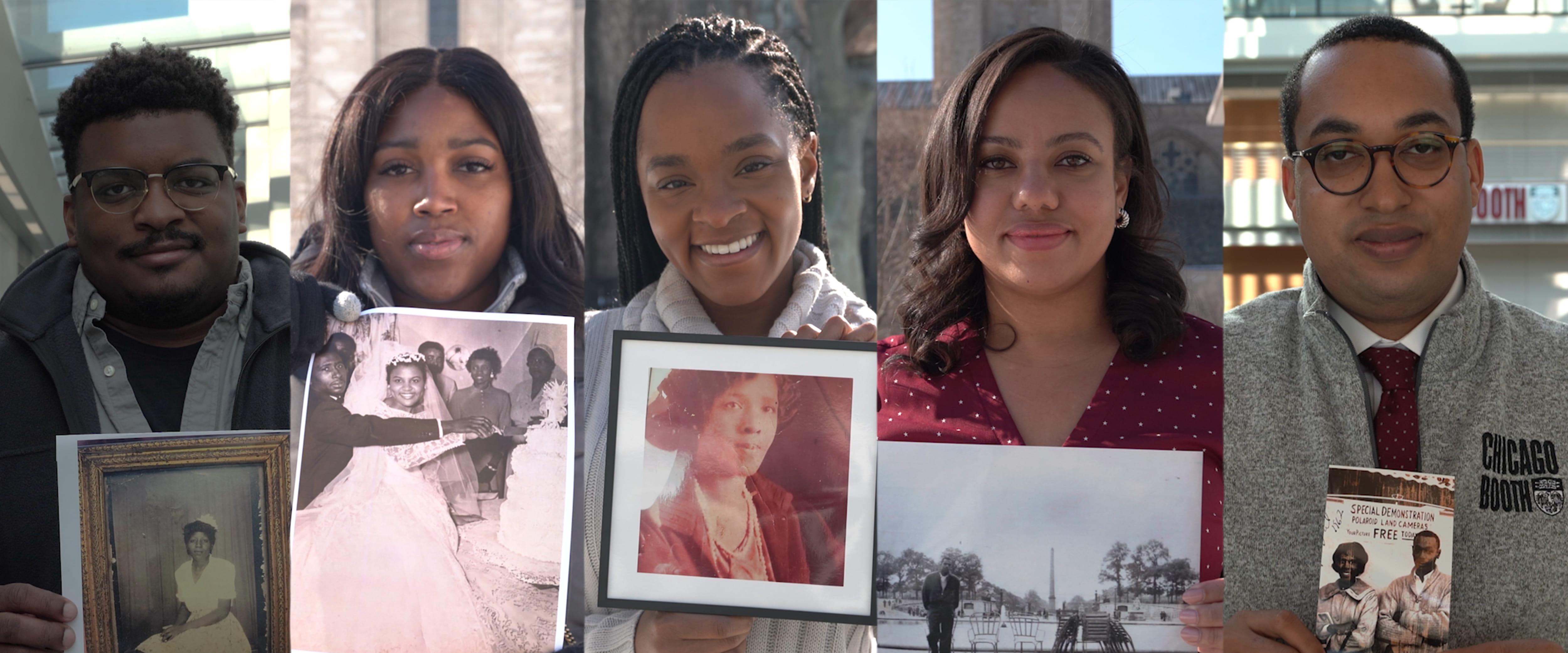 five Chicago Booth students showing a photo of their grandparent 