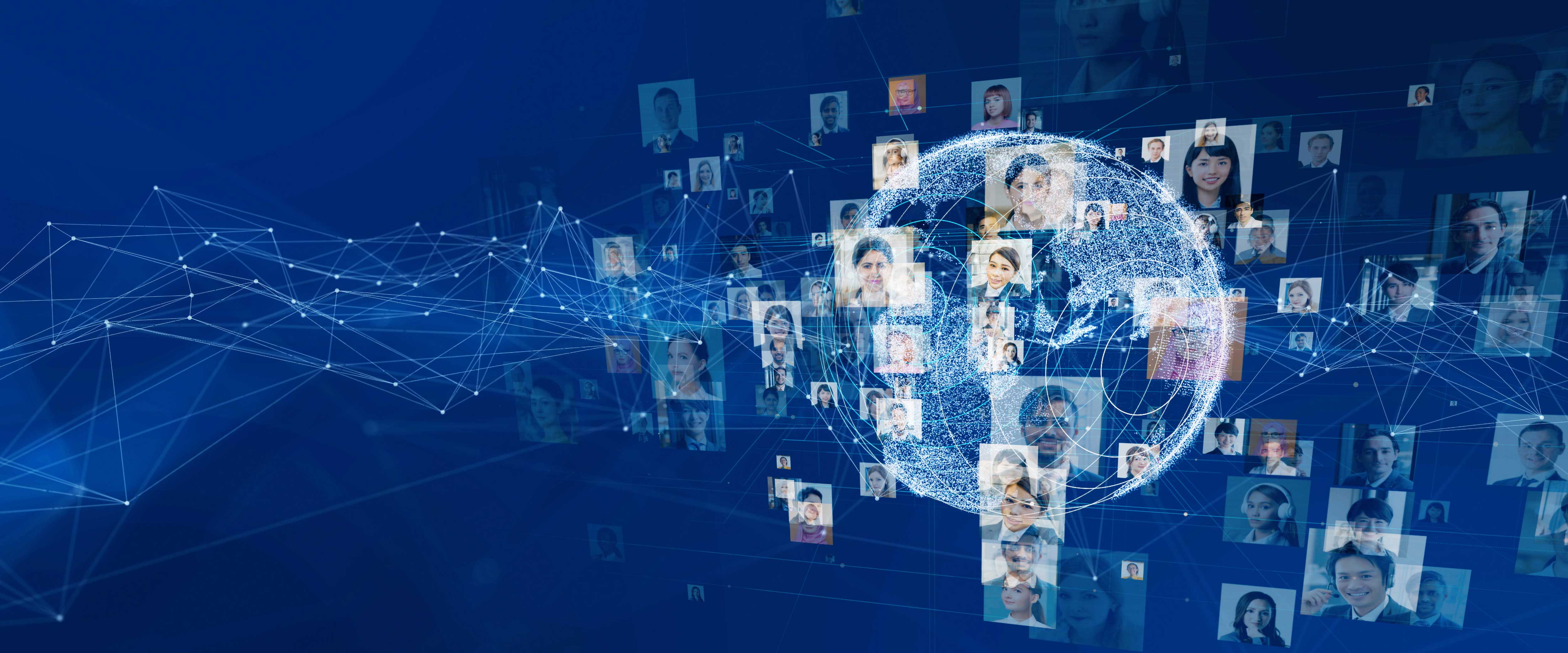 Headshots circling around a globe with communication lines