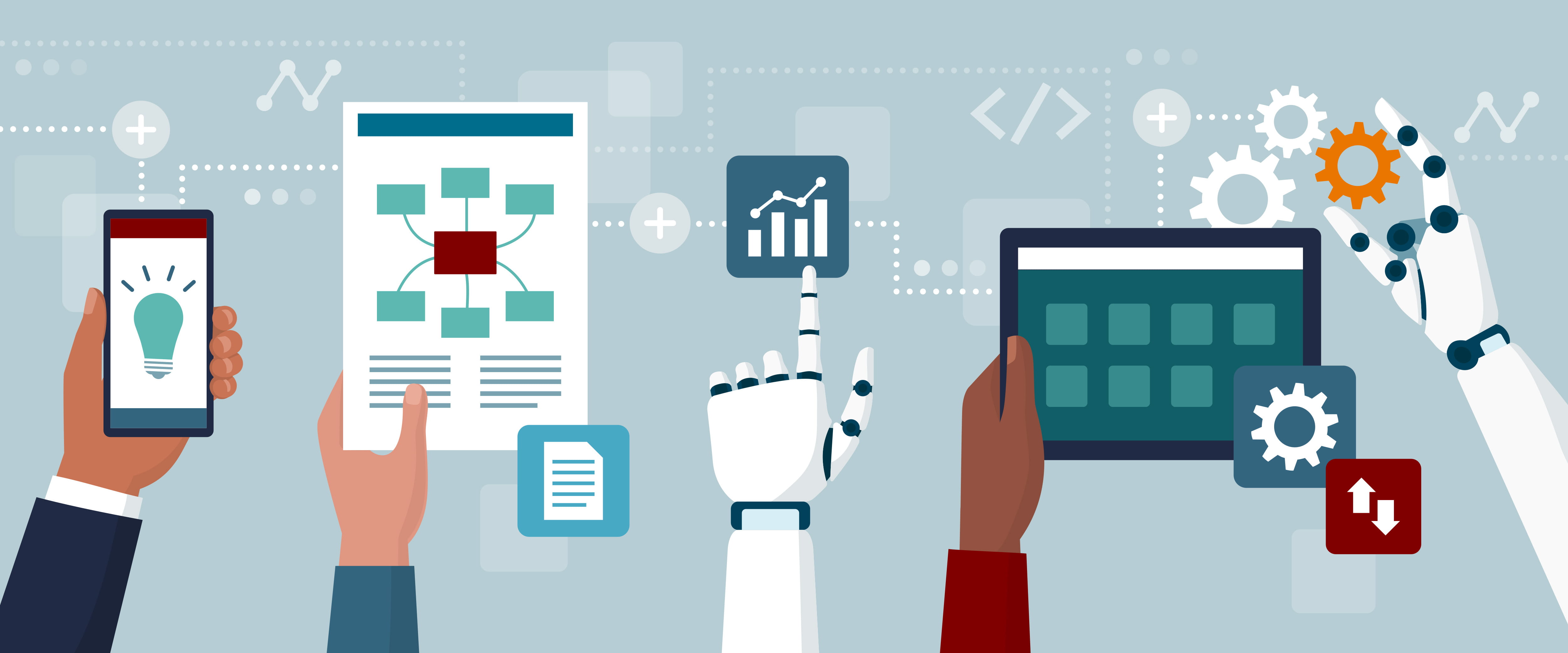 Illustrated business people and AI robots working together