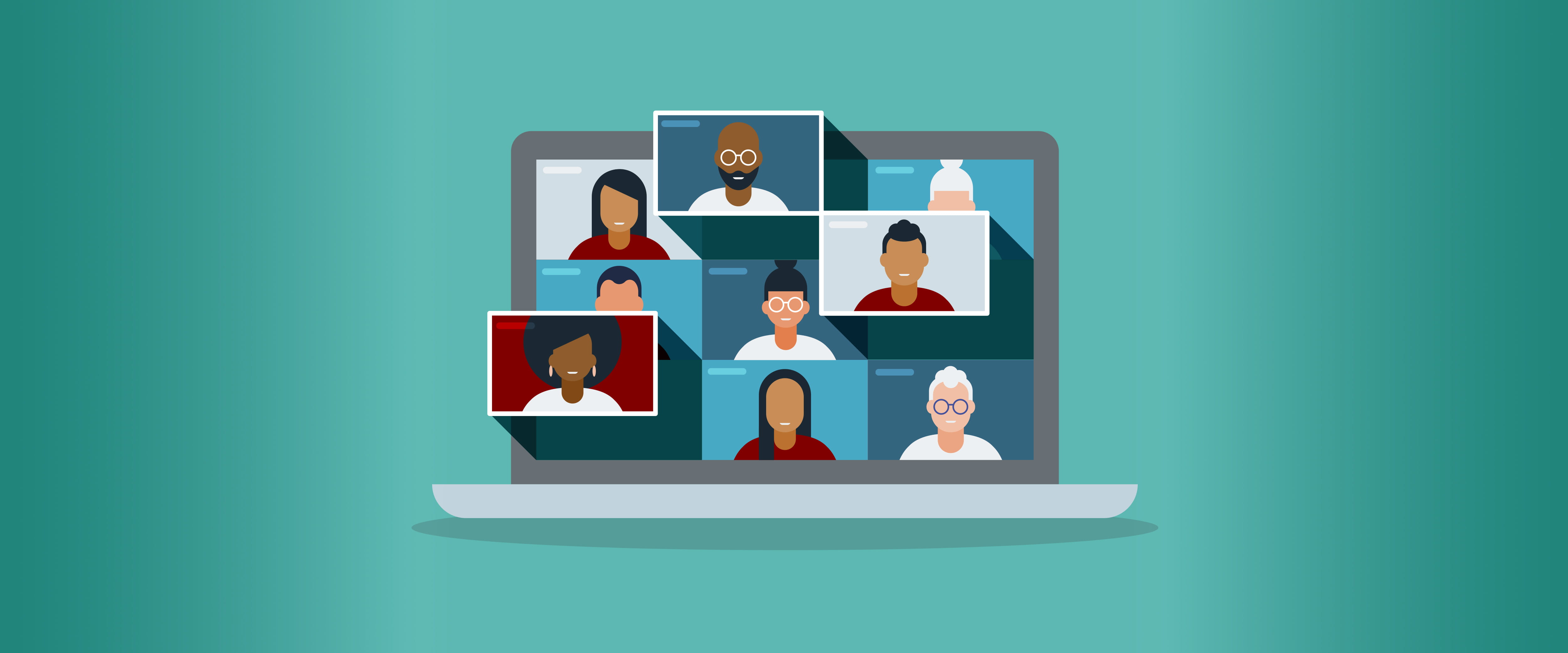 Illustrated colleagues in video chat boxes on a laptop; some of the boxes are popping out into 3D space