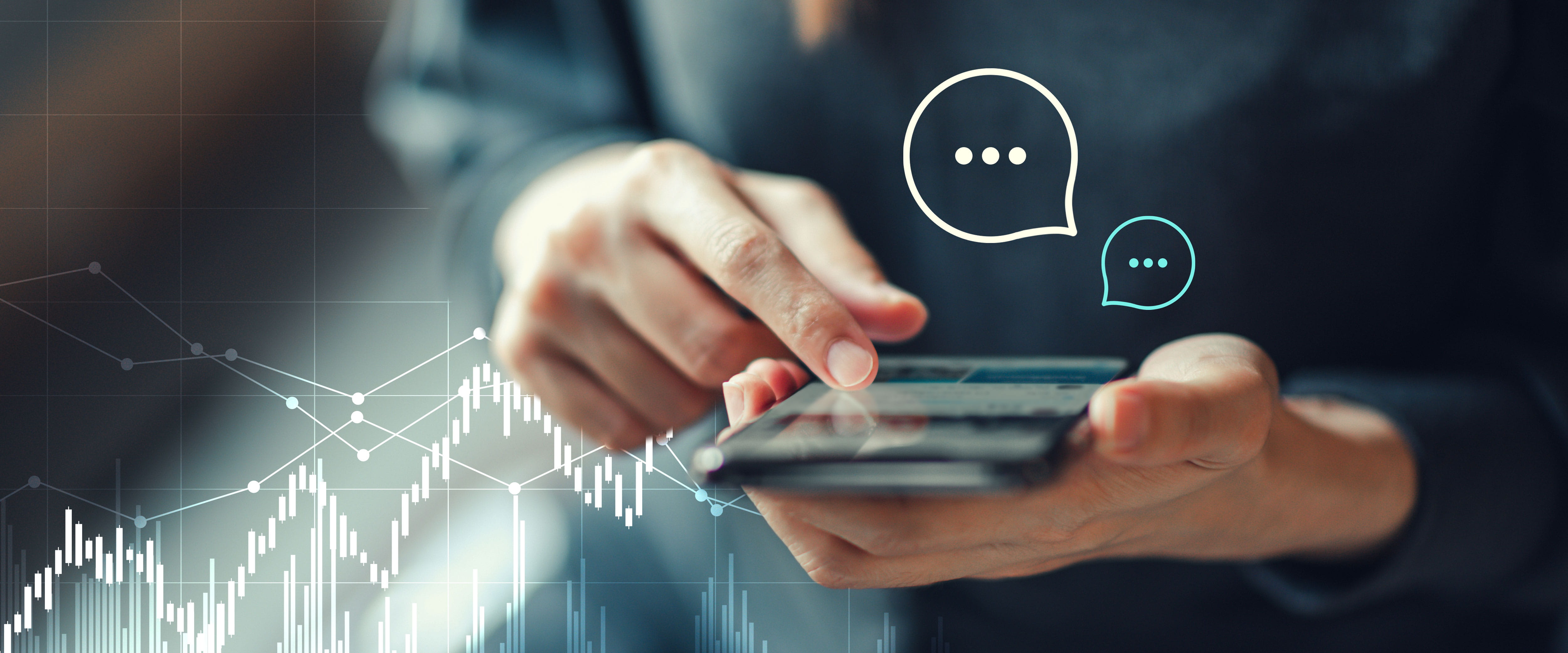 Financial charts move up and to the right under a woman's hand; the woman is using a smart phone as illustrated chat bubbles pop up above the phone