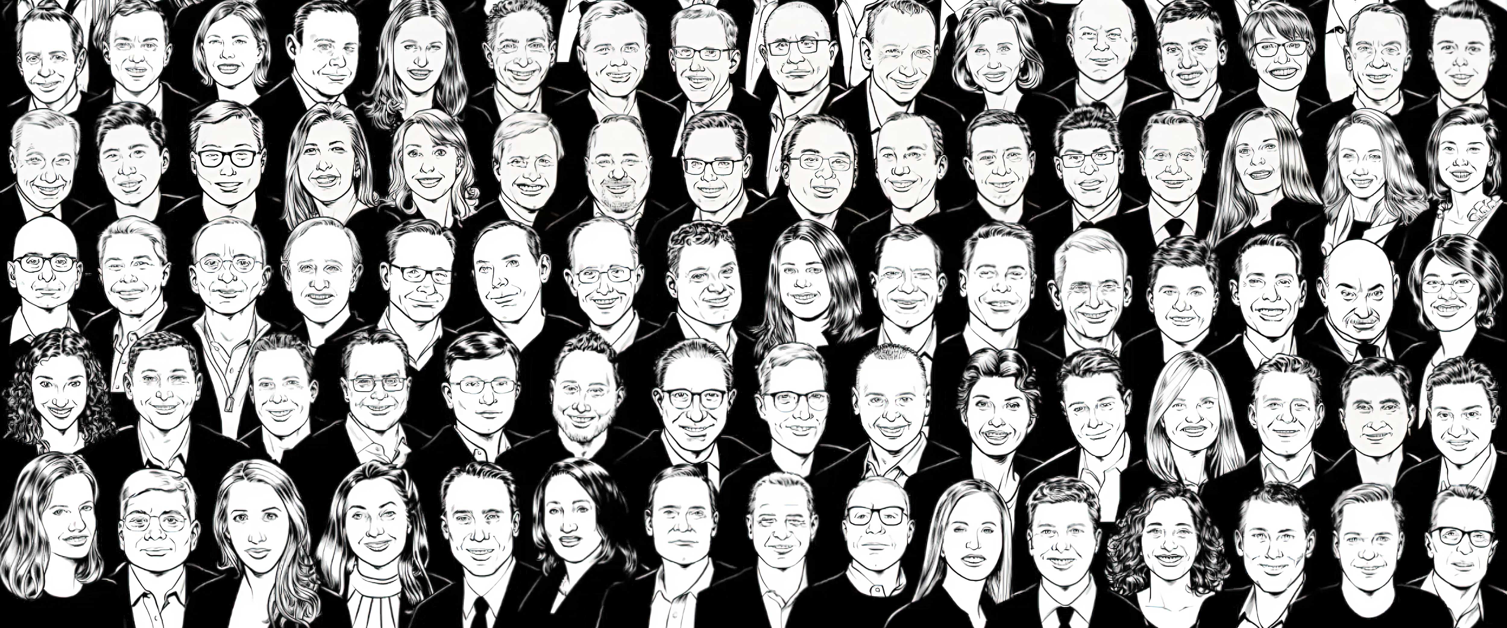 Black and white line drawing of many people in five rows accross the image