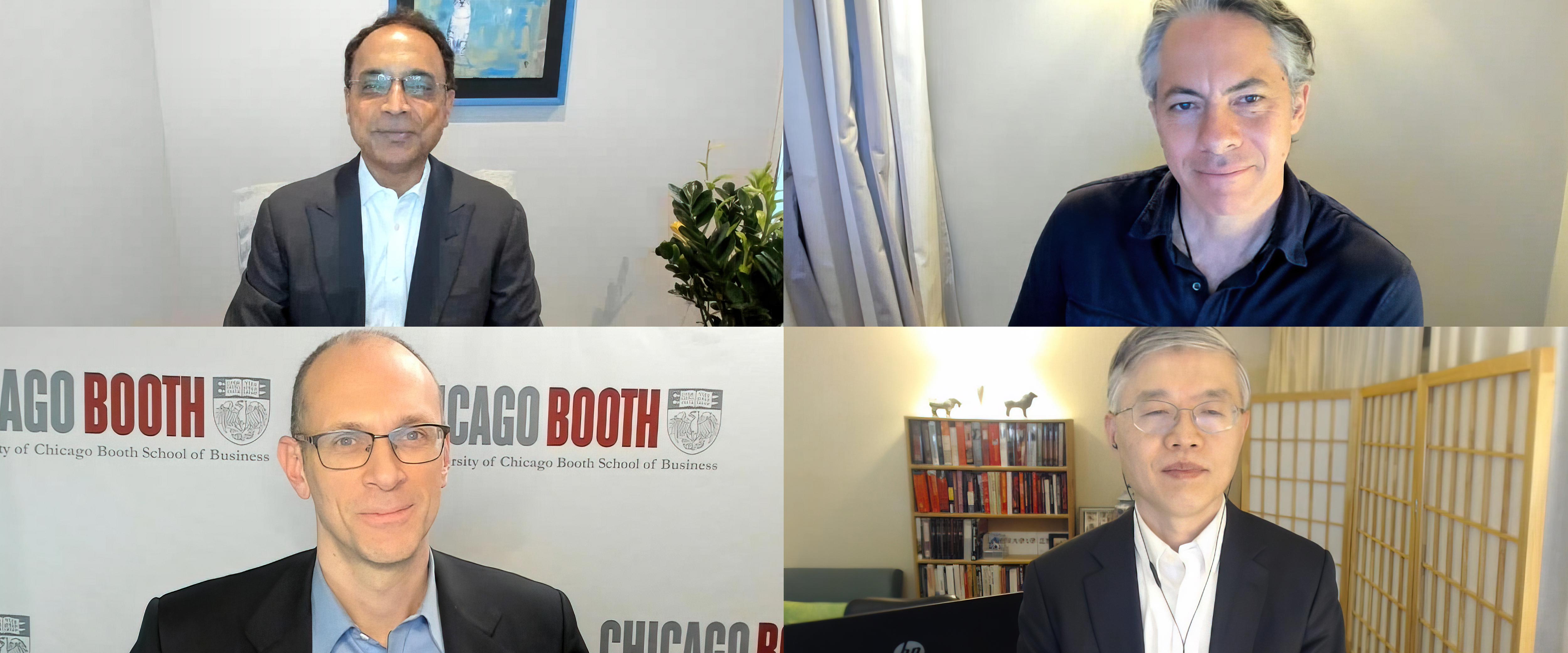 Screencap from the video recording of Meeting of the Minds featuring Madhav Rajan, Joshua Cooper Ramo, Austan Goolsbee, and Dali Yang