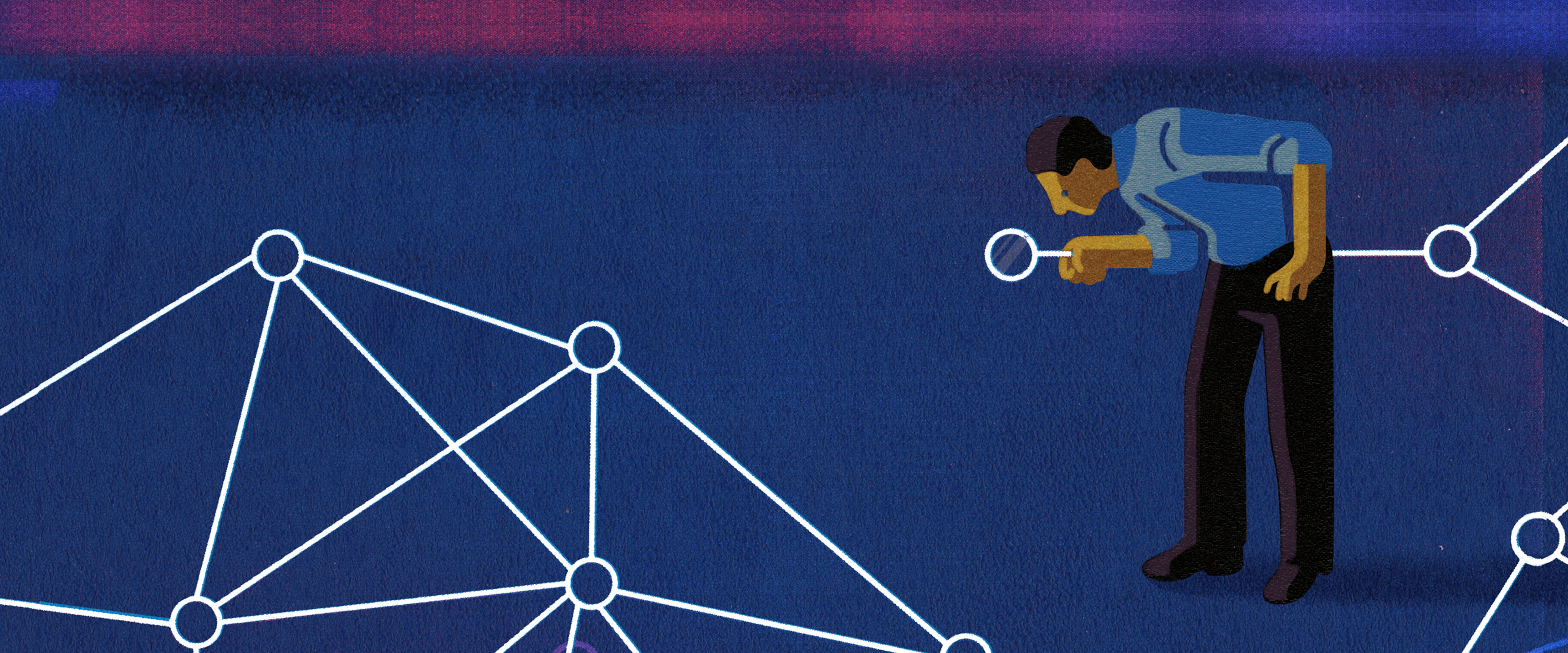 Person looking with a magnifying glass at lines connecting