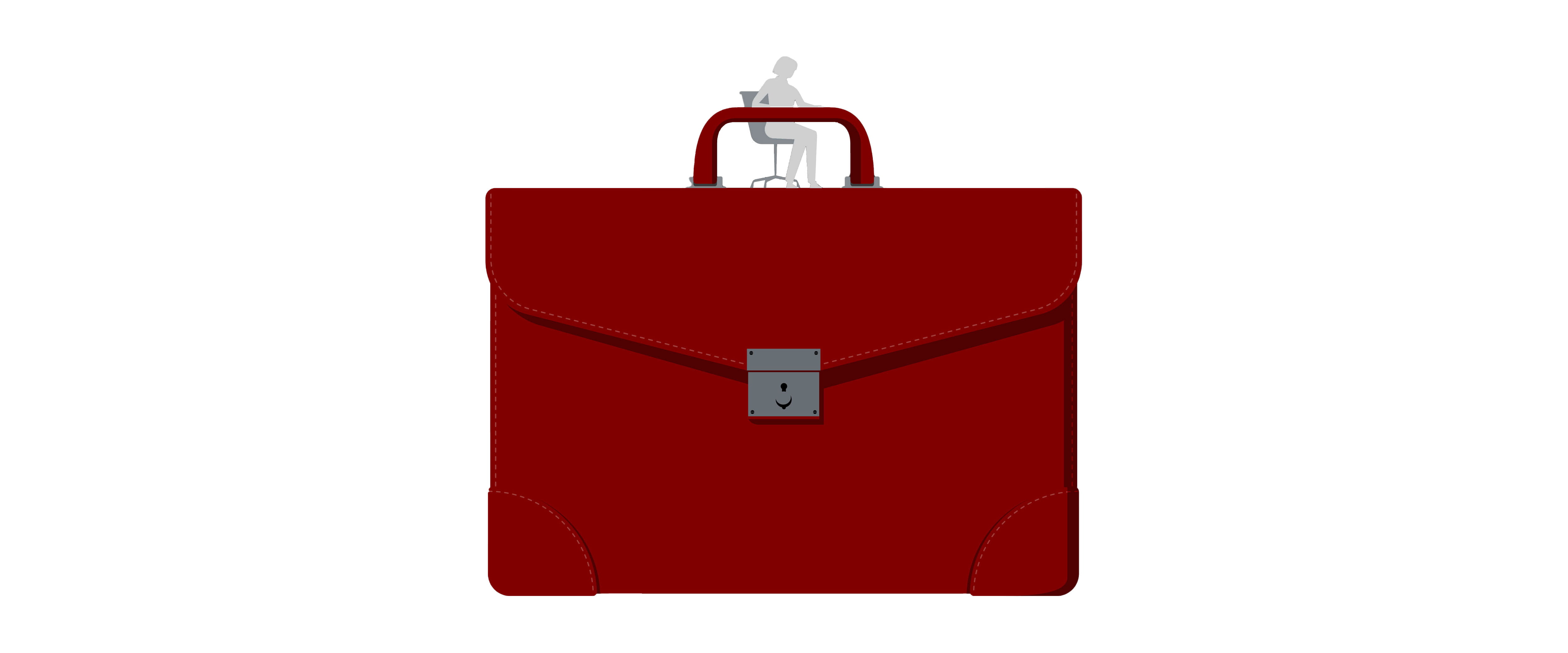 Woman sitting atop a briefcase with handle as desk