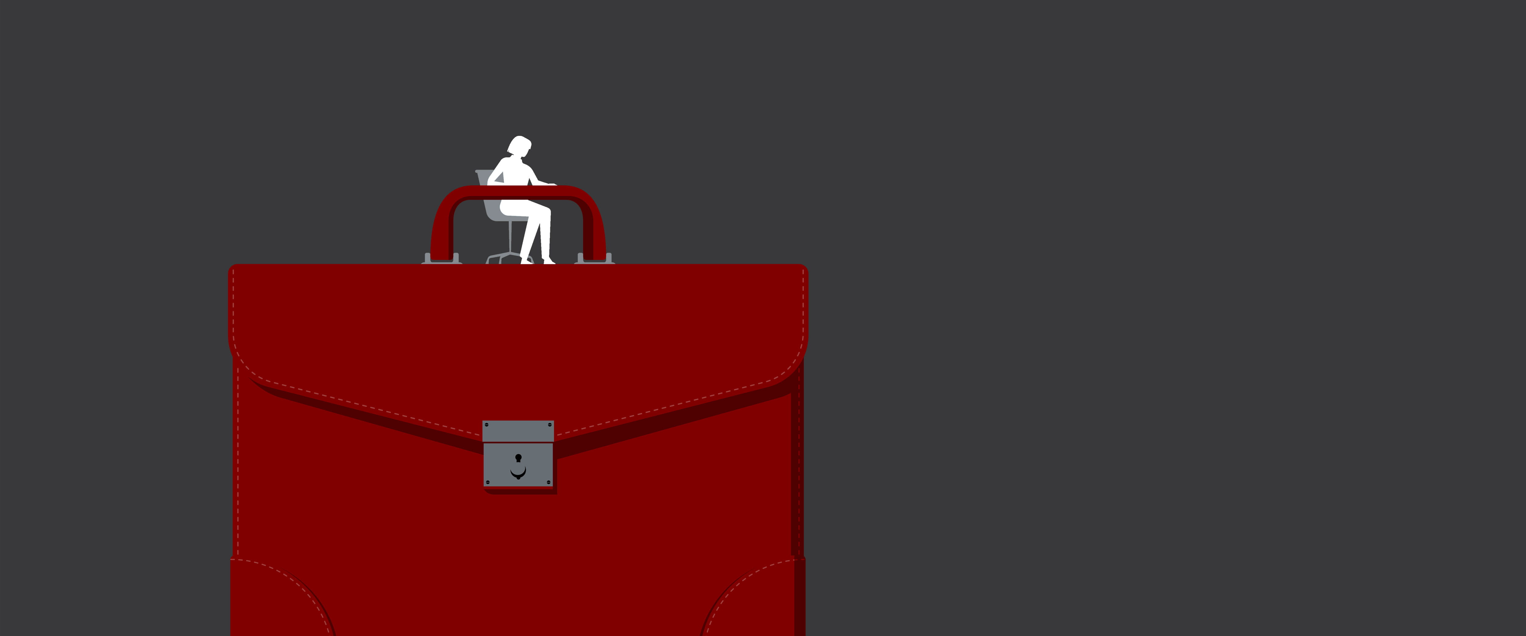 Woman sitting on locked briefcase