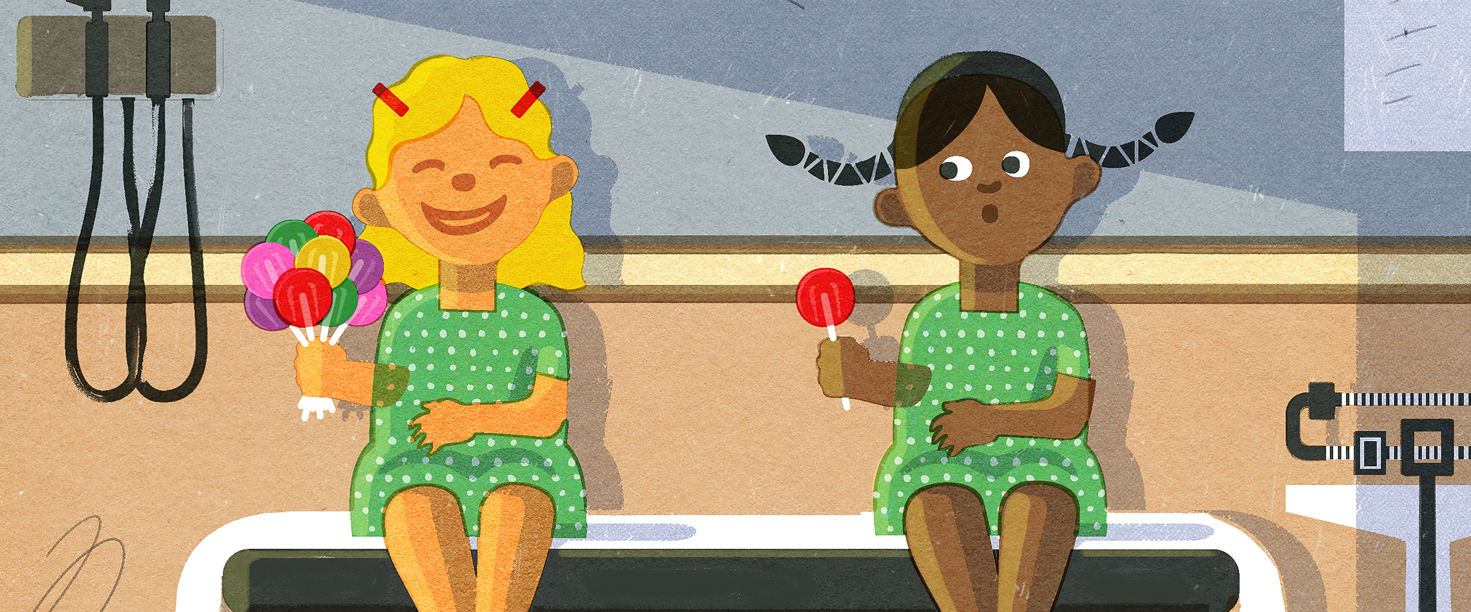 Girls in a doctor's office holding different quantities of lollipops