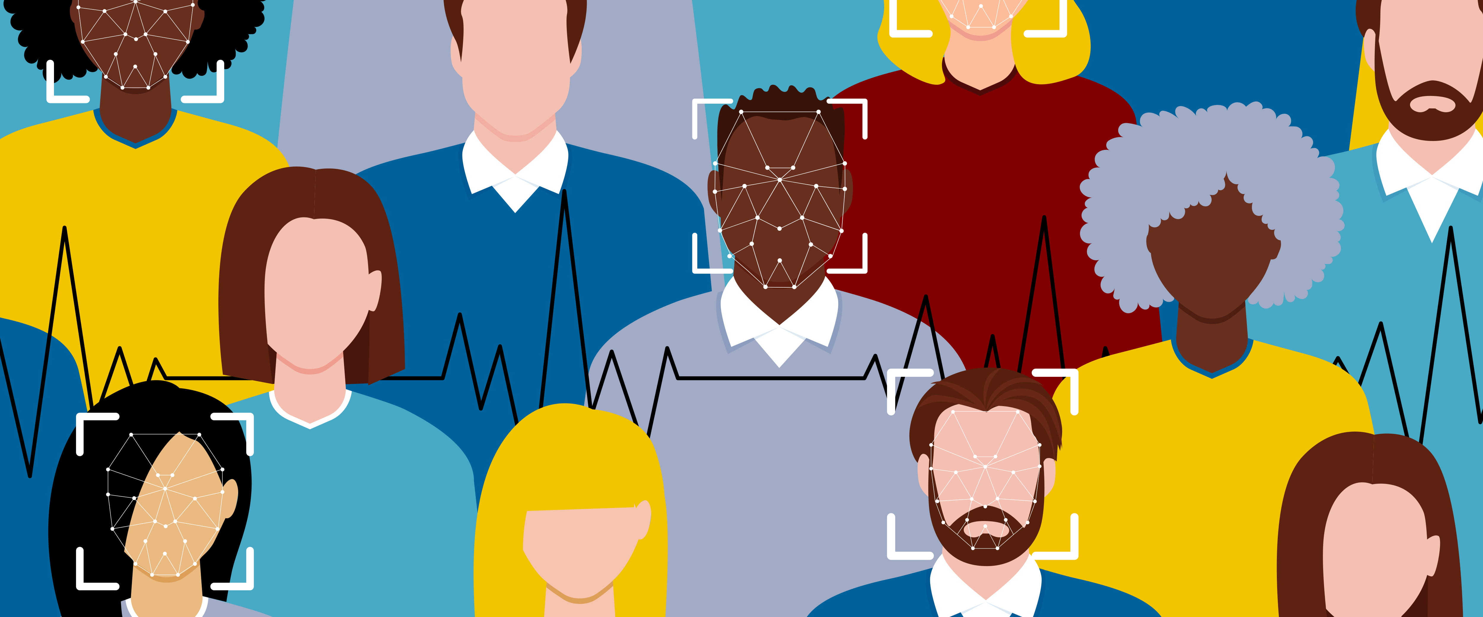 Group of illustrated people with facing recognition targets over some of their faces; a pulse rate monitor line runs behind them