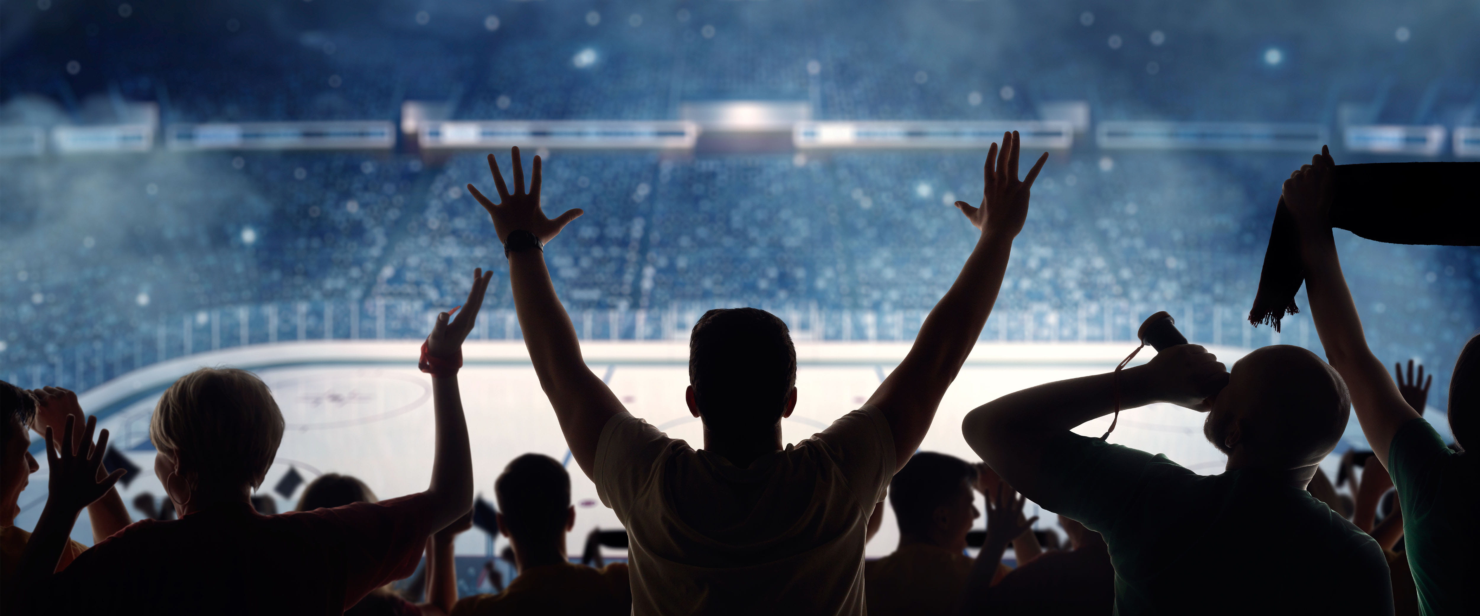 Silhouette of fans at a hockey rink  