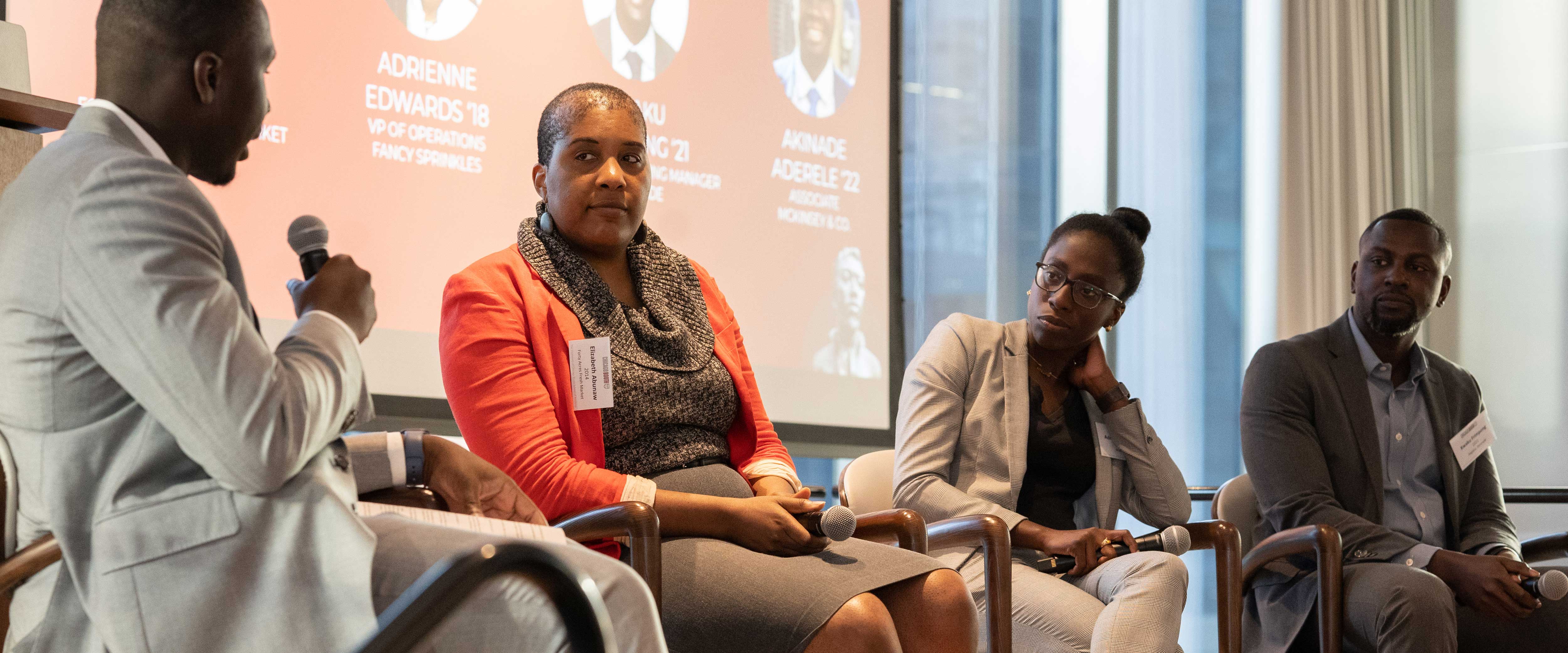 Akinade Aderele, Elizabeth Abunaw, Adrienne Edwards, Kwaku Frimpong on a panel discussion